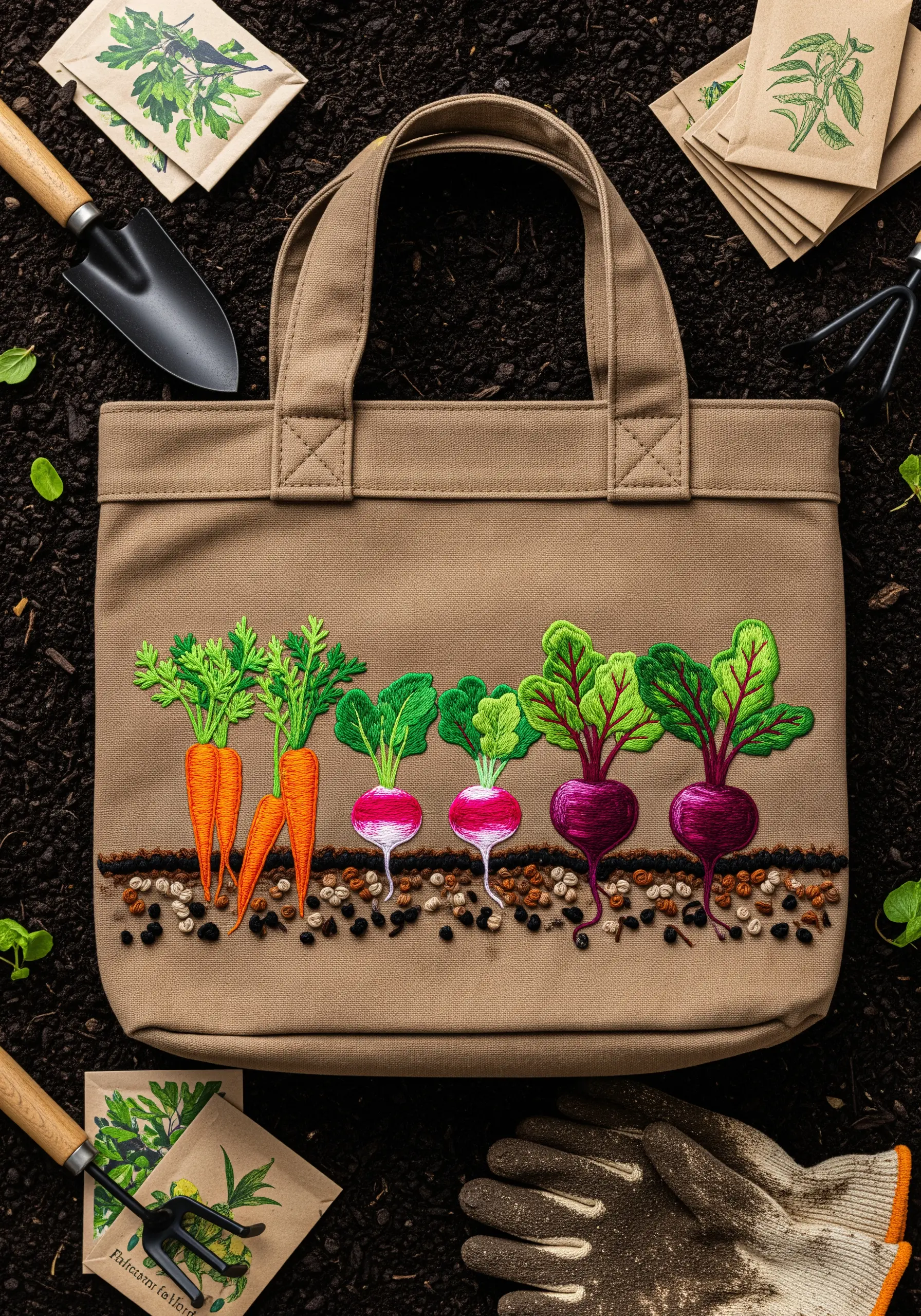 Embroidered carrots, radishes, and beets growing in soil on a canvas bag.