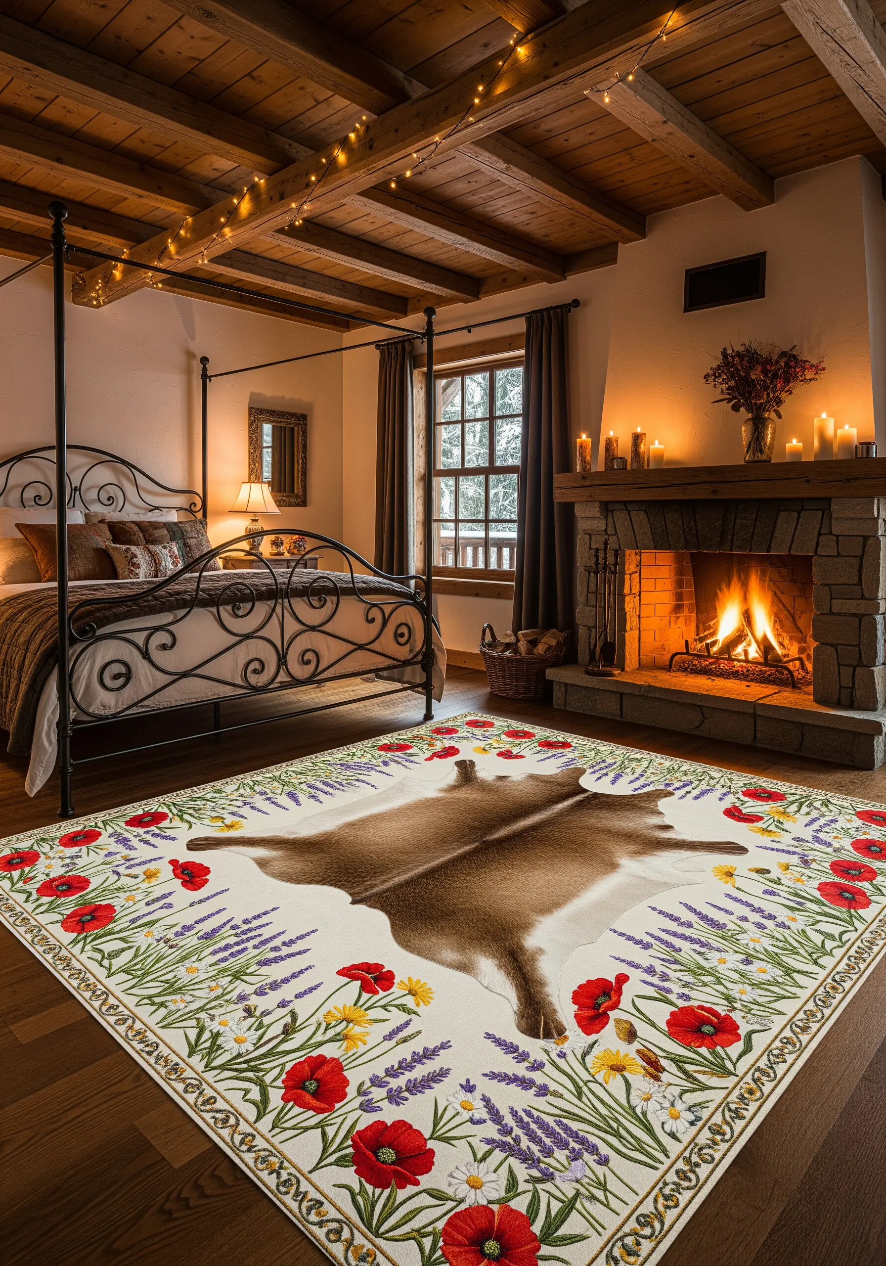 Faux cowhide rug with colorful floral embroidery border
