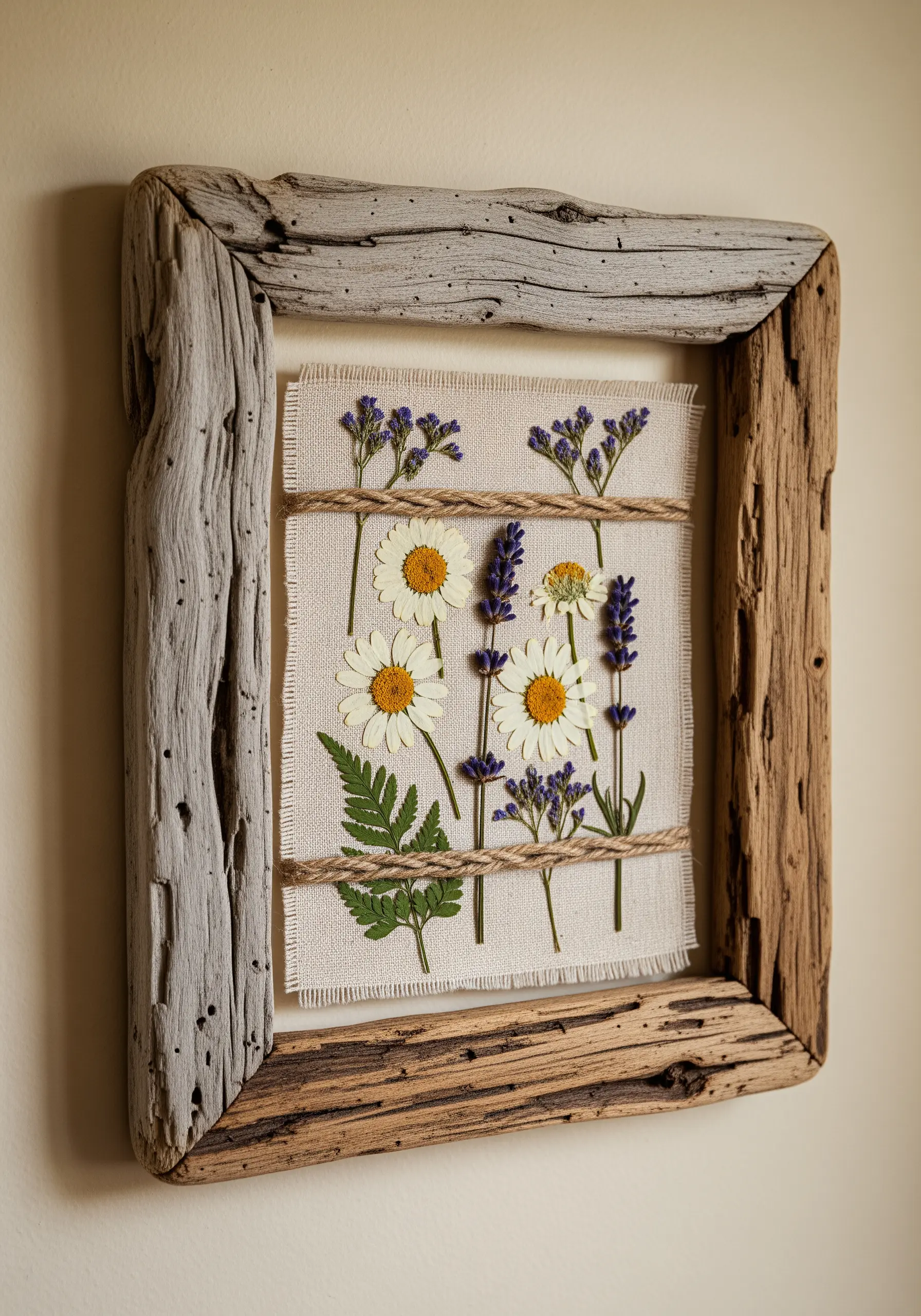 Wildflowers on linen framed by rough driftwood