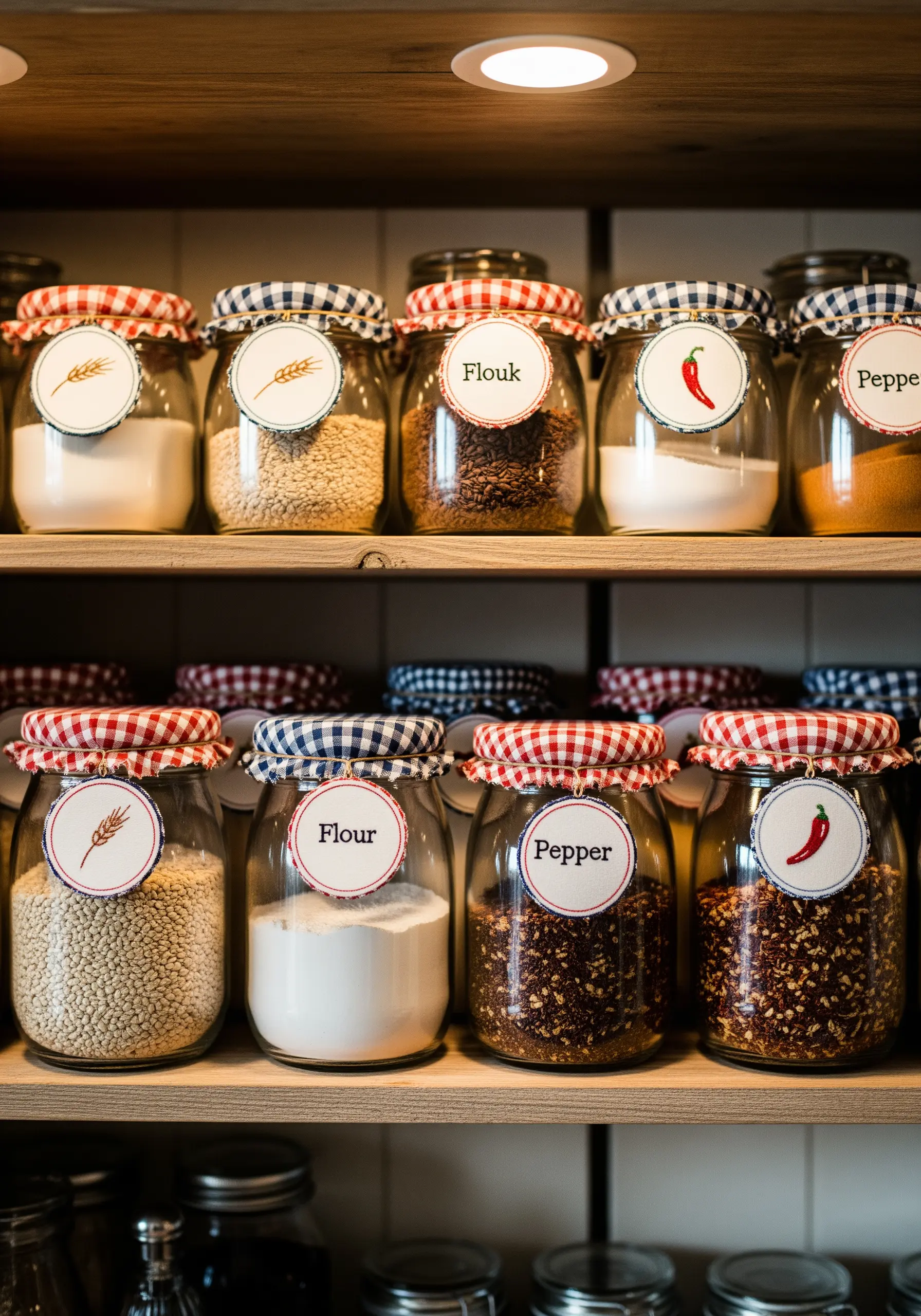 Pantry jars with fabric tops and small, round embroidered labels with food motifs.