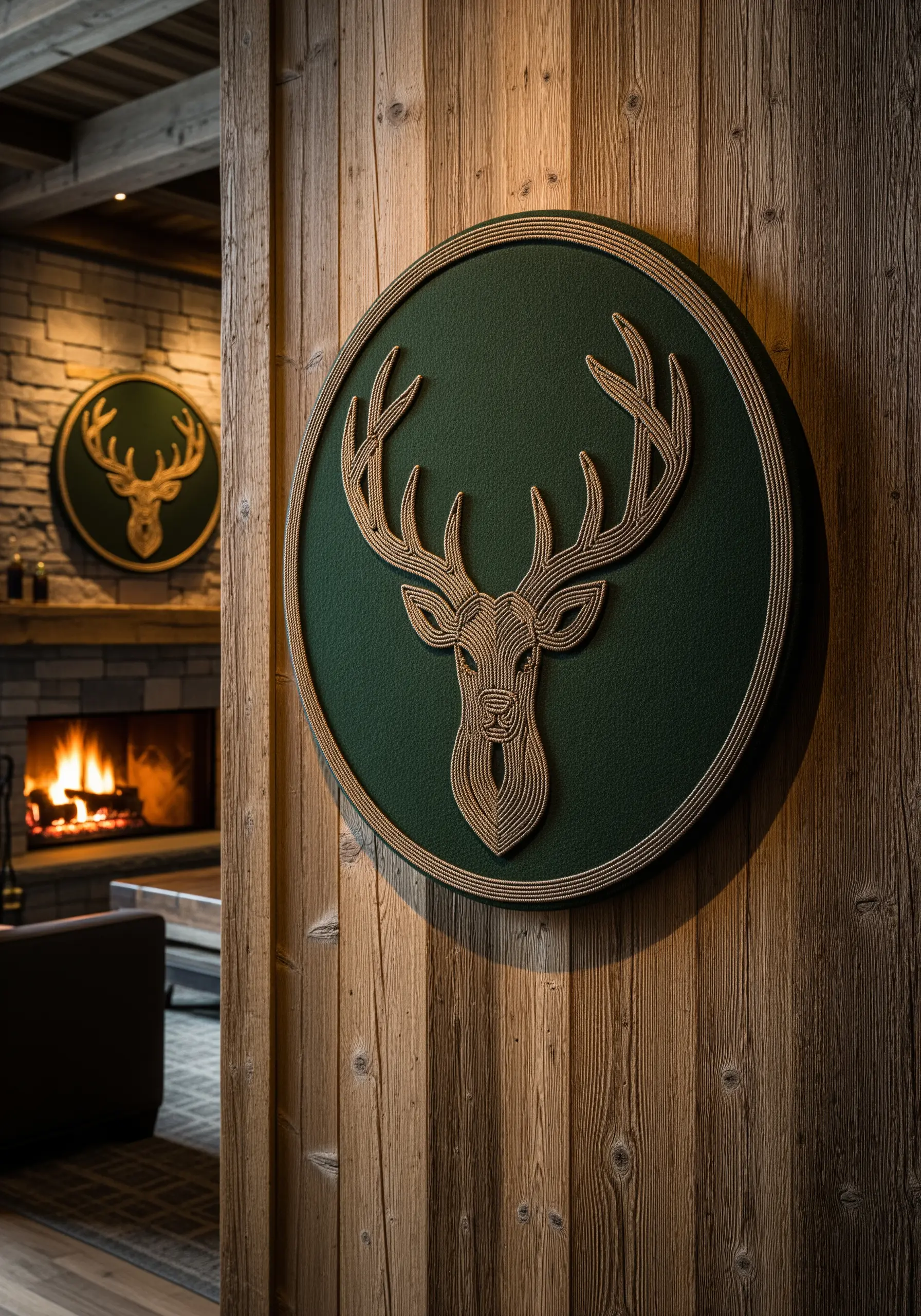 A circular emblem with a stag's head outlined in thick metallic cord on green felt.