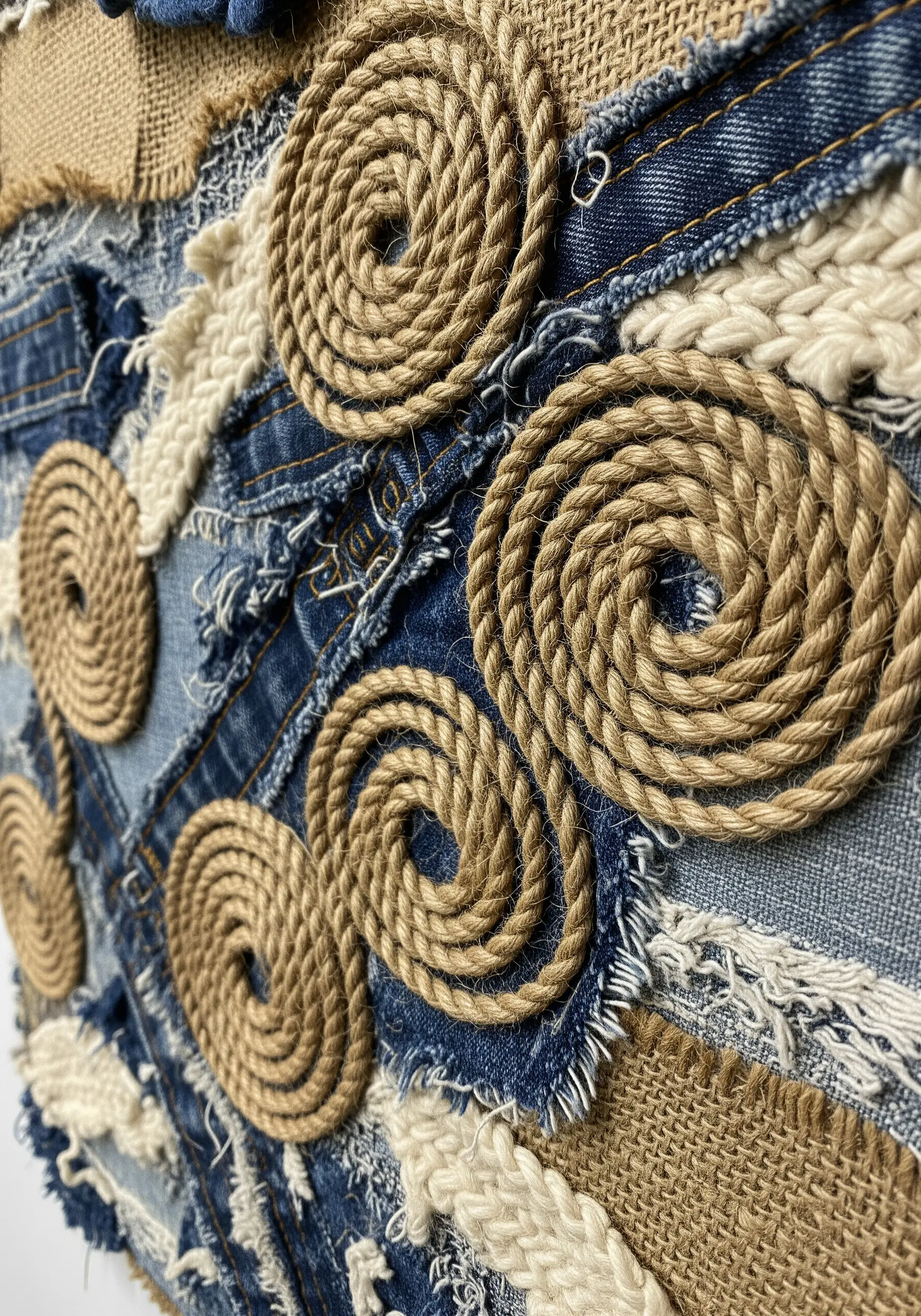 A close-up of a textural collage with coiled jute rope on a patchwork of denim and burlap.