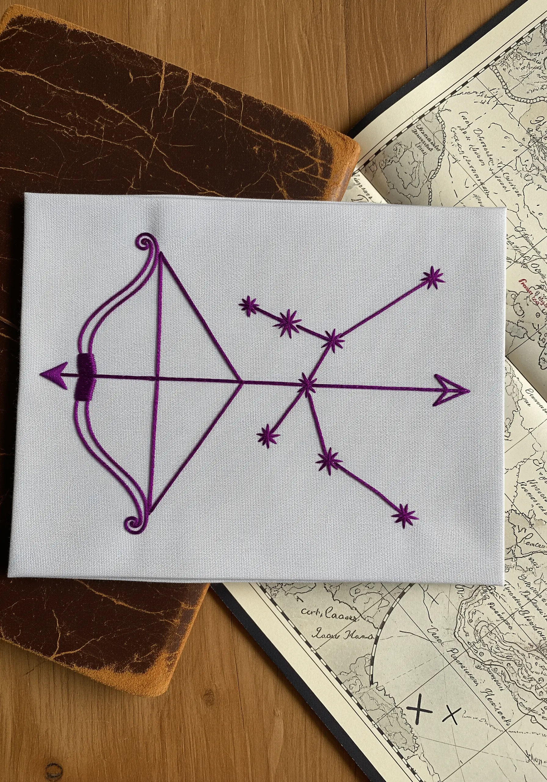 A minimalist Sagittarius bow and arrow constellation embroidered in purple on white canvas.