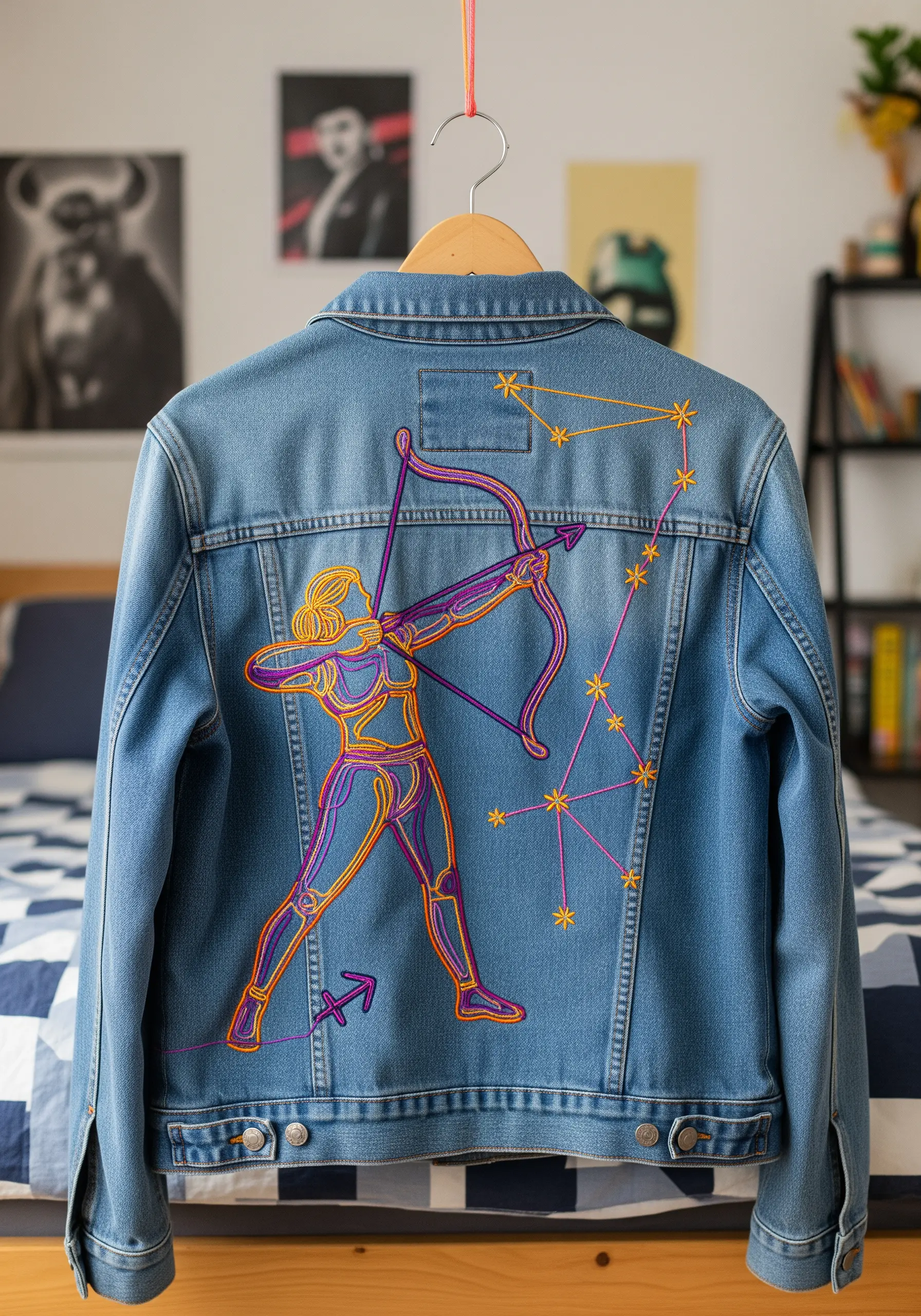Sagittarius archer embroidered in bold, colorful outlines on the back of a denim jacket.