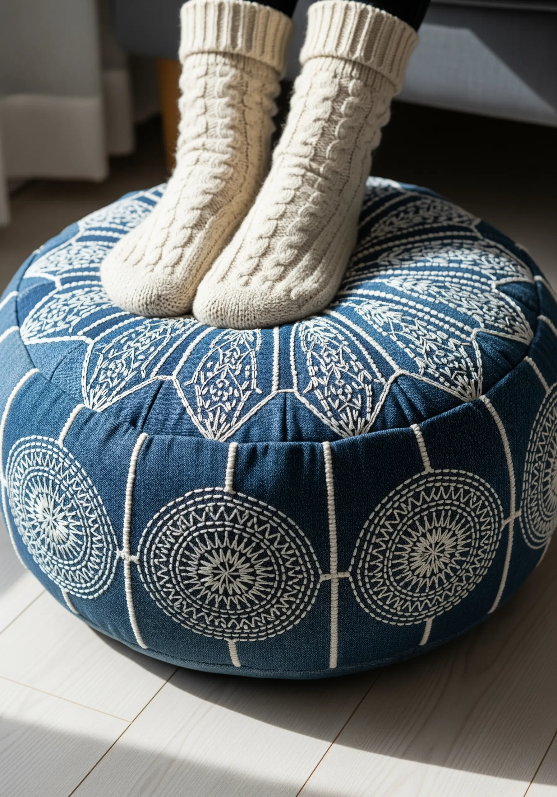 Blue floor pouf with white sashiko mandala embroidery