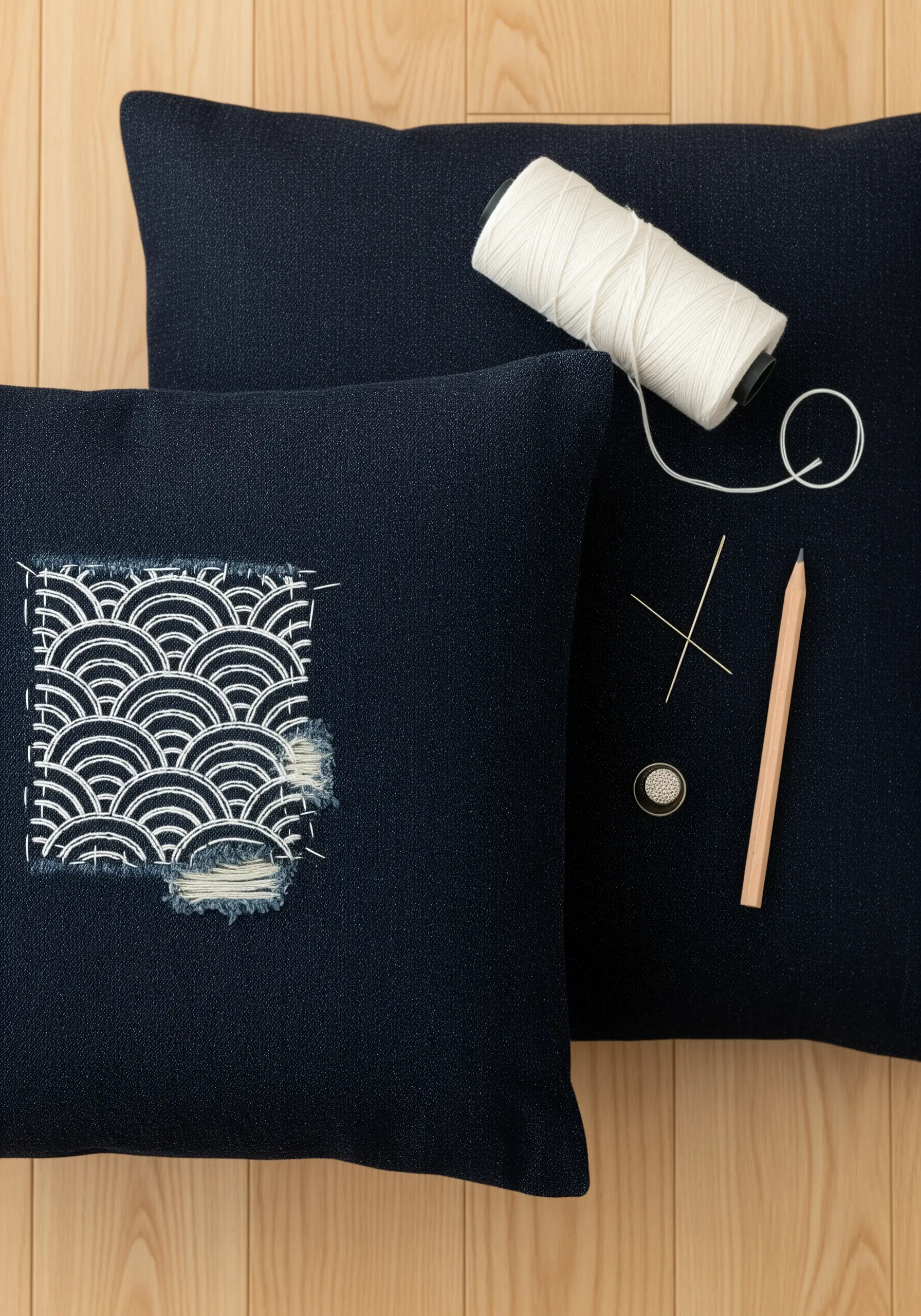 A close-up of a decorative Sashiko patch on a dark blue cushion cover
