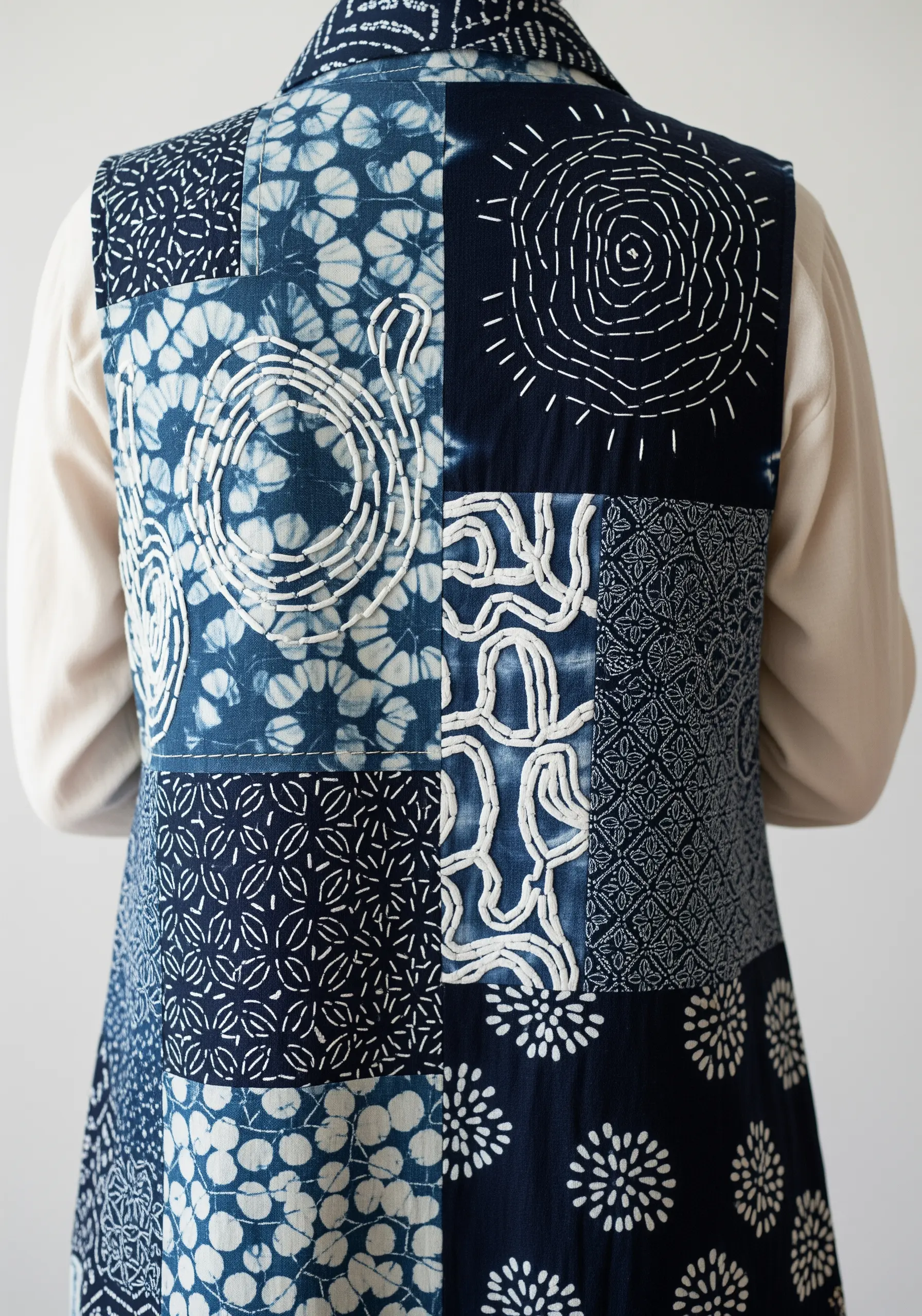 A patchwork vest made of indigo fabrics with bold, white Sashiko-style decorative stitching.