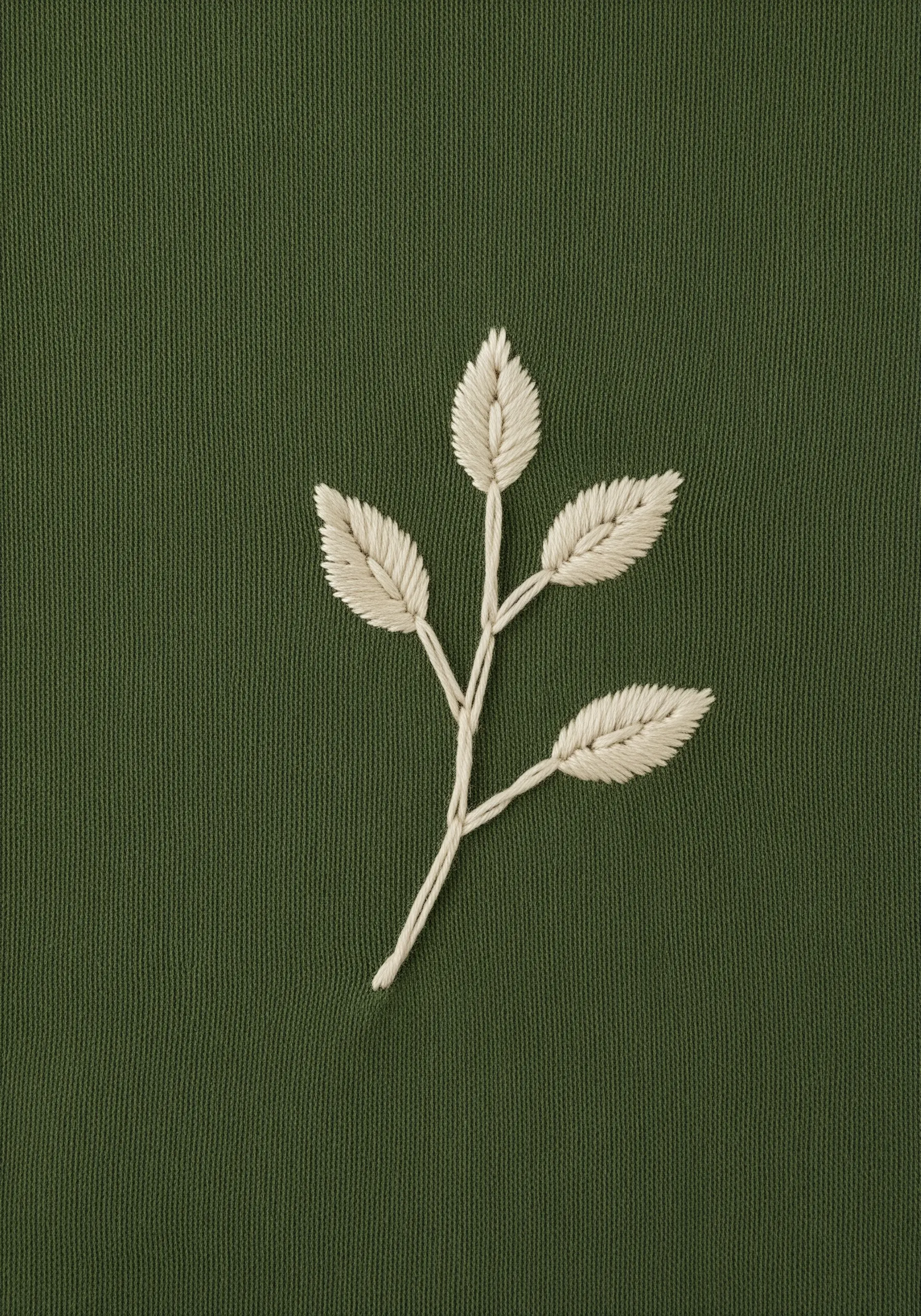 A sprig of leaves in white satin stitch on a dark green fabric background.