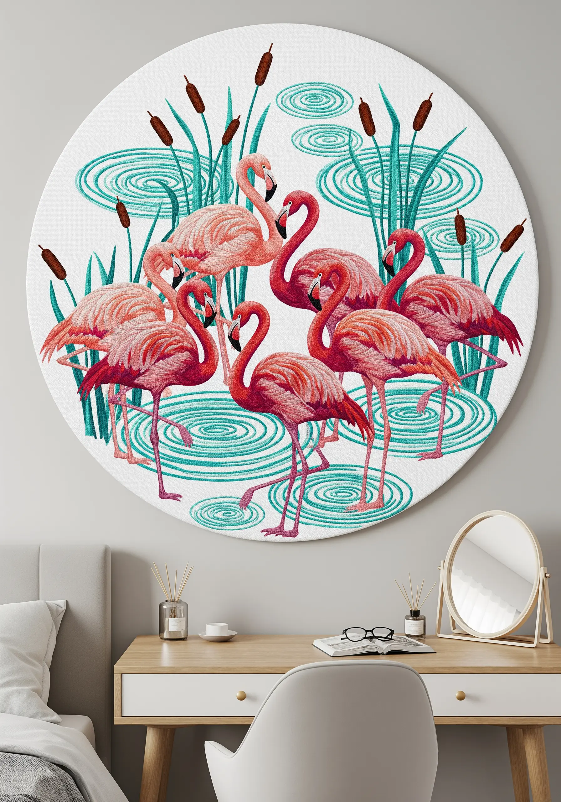 Large, round wall art featuring a flock of embroidered flamingos in stylized water with reeds.