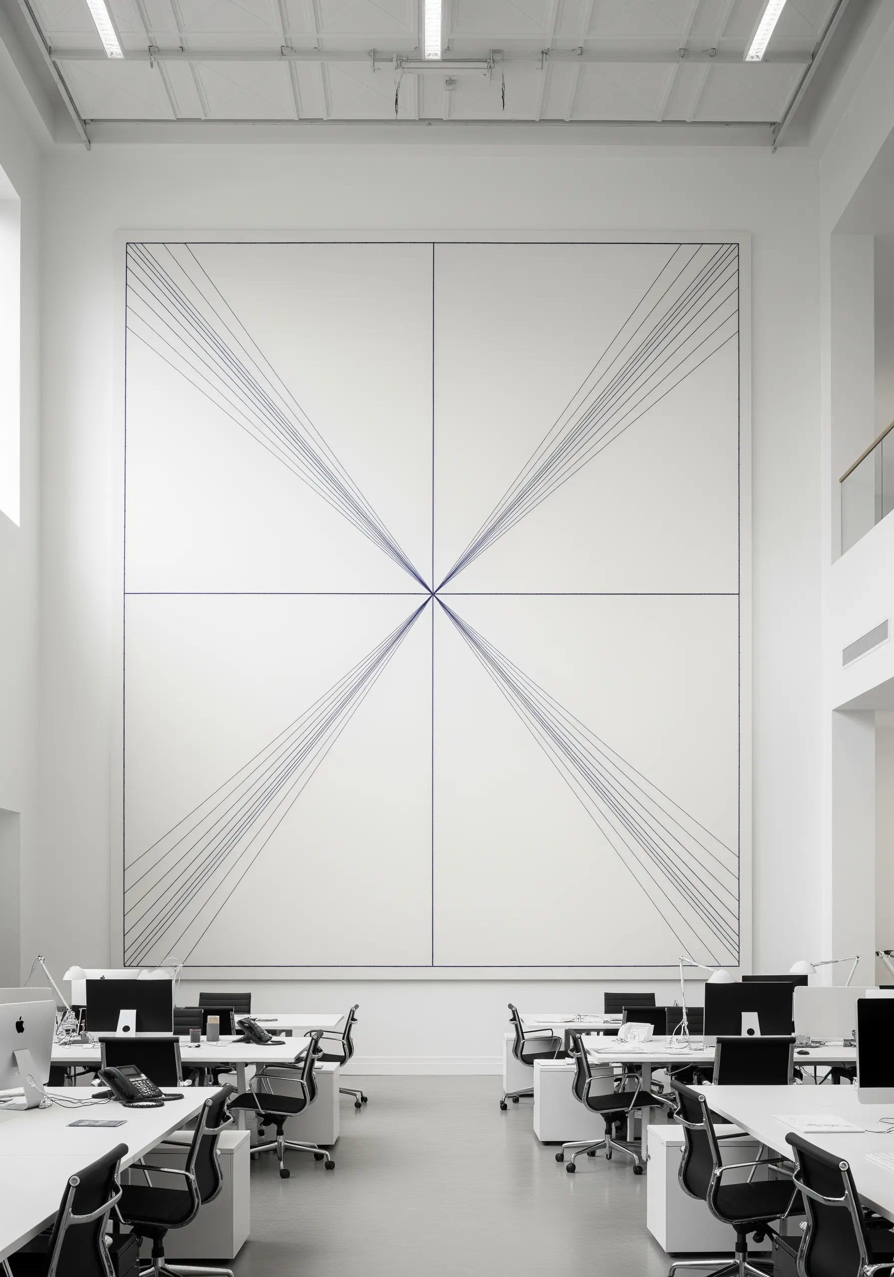 An enormous wall art installation of thin blue lines radiating from a central point.