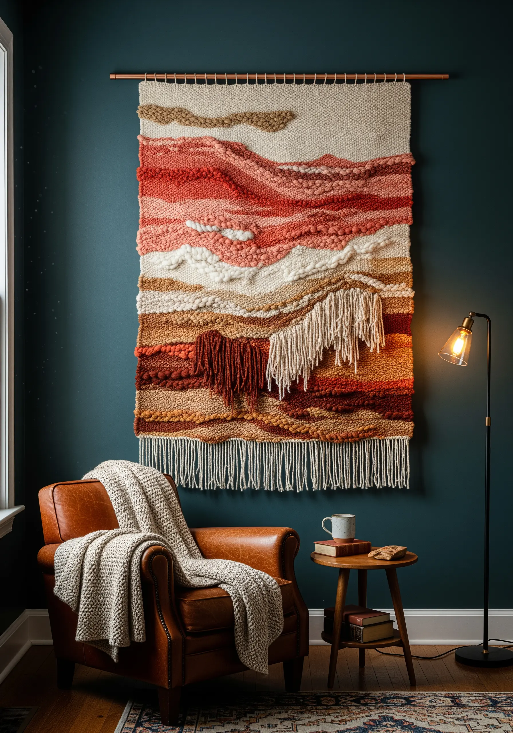Chunky yarn tapestry of red and cream canyon landscape