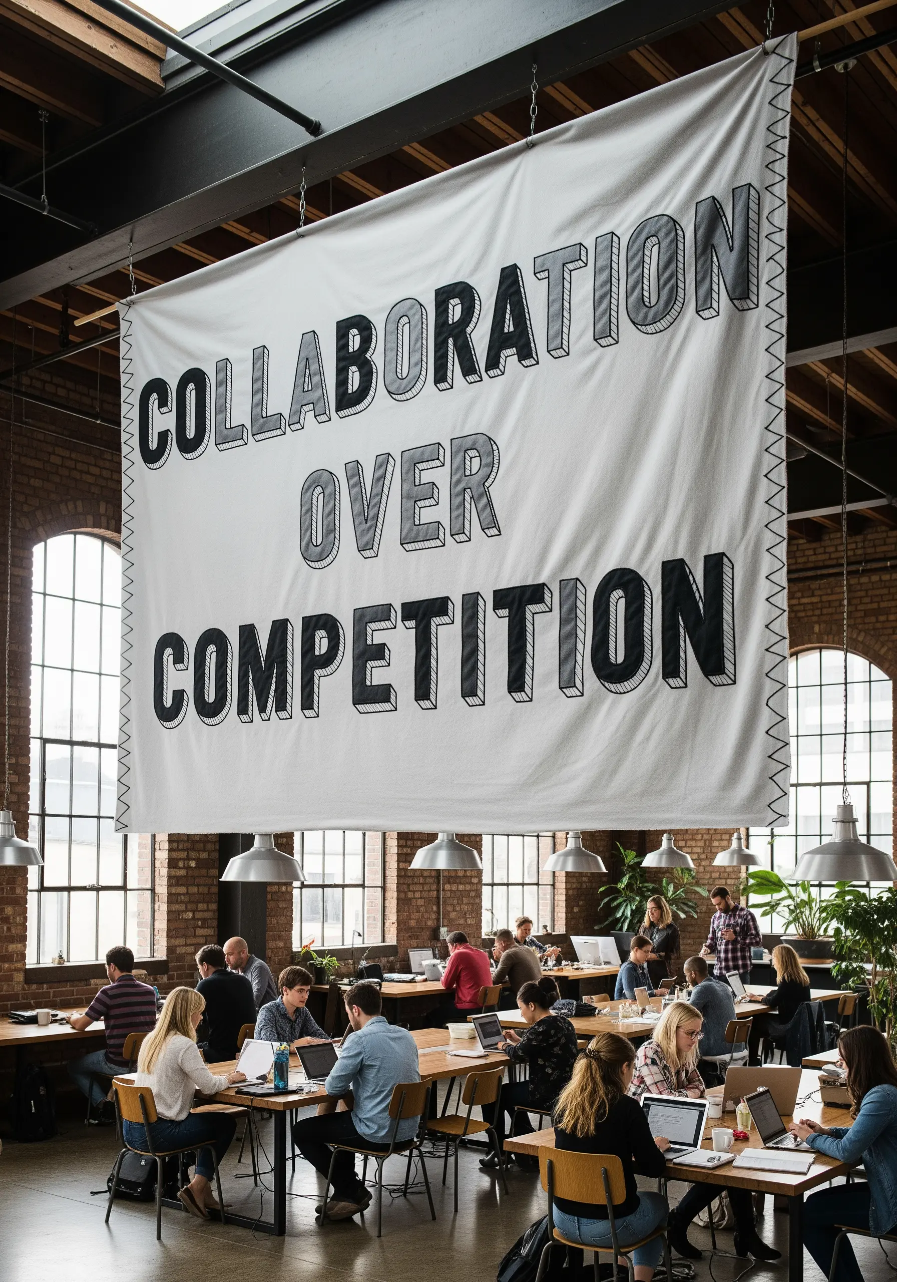 Large white canvas banner with black sketch-style block letters