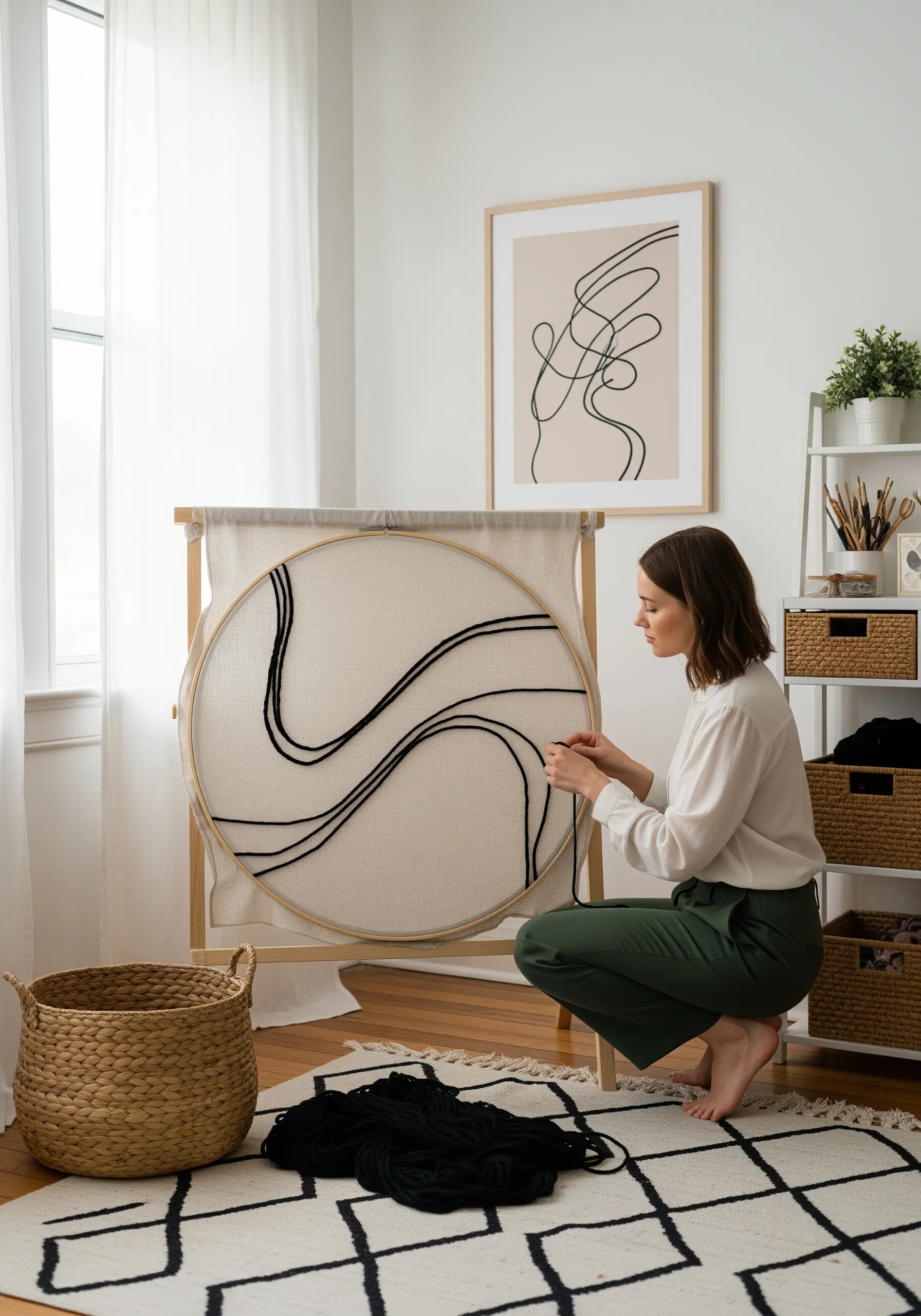 A woman creating large-scale abstract line art on a giant hoop using black yarn.