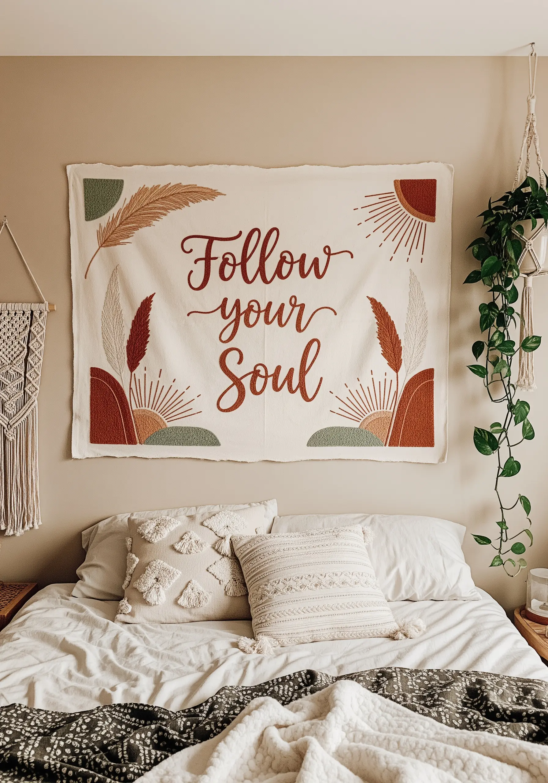 A large embroidered wall hanging with a quote and boho motifs in earthy tones above a bed.