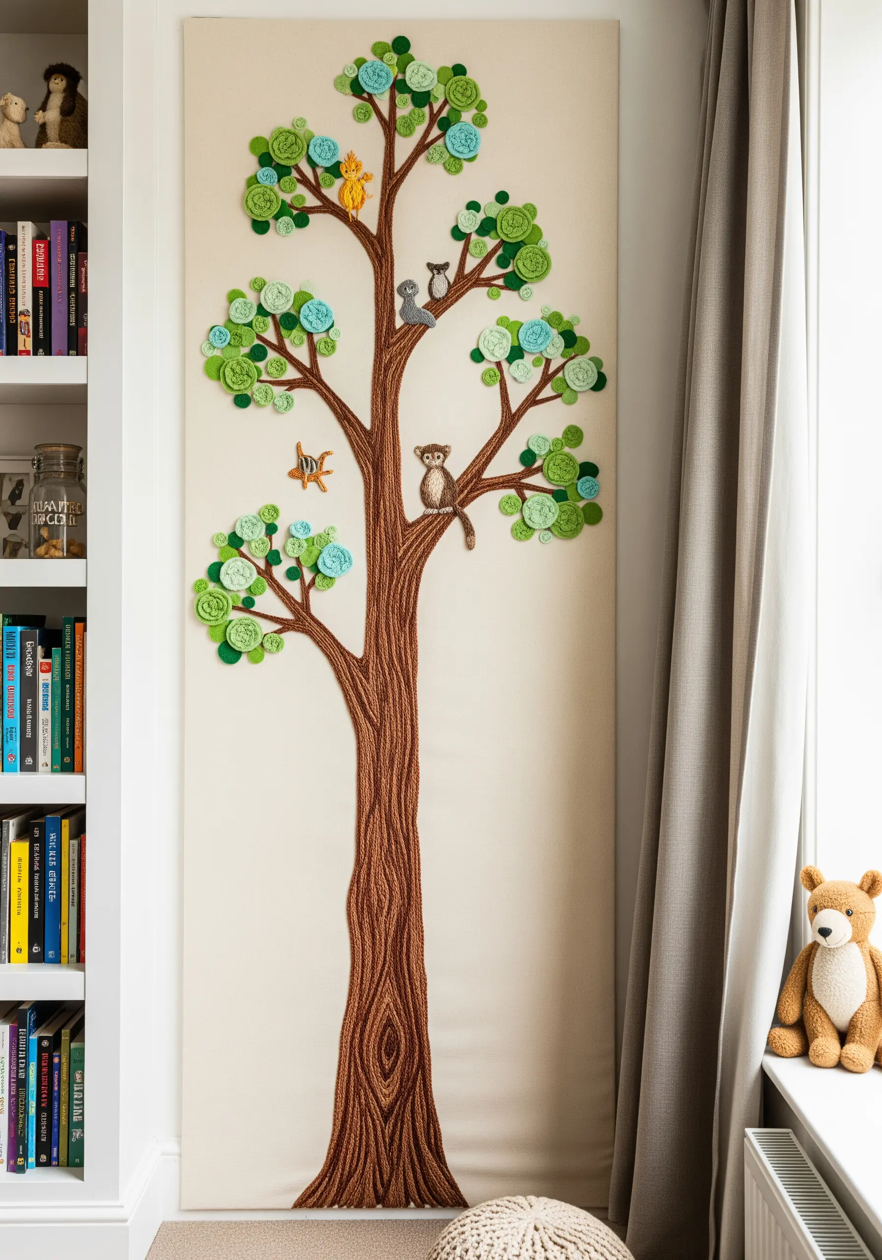 A floor-to-ceiling embroidered wall hanging of a large tree with small animal details.