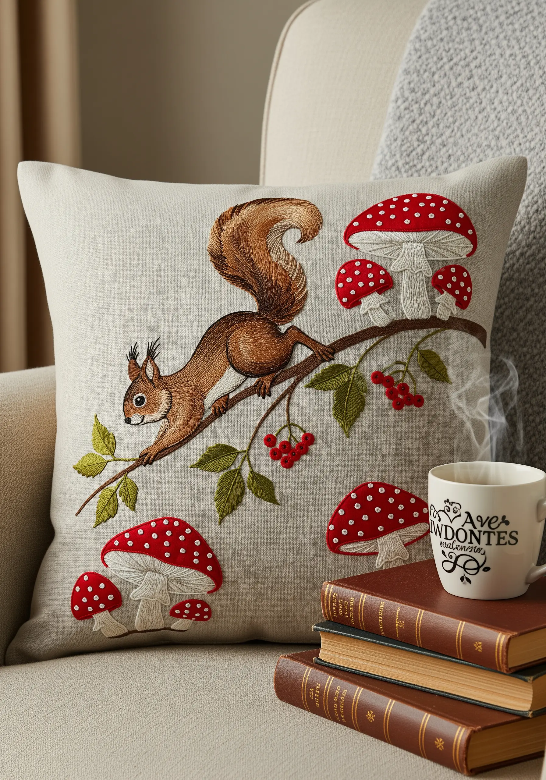 Embroidered linen pillow with a squirrel on a branch with red toadstools.