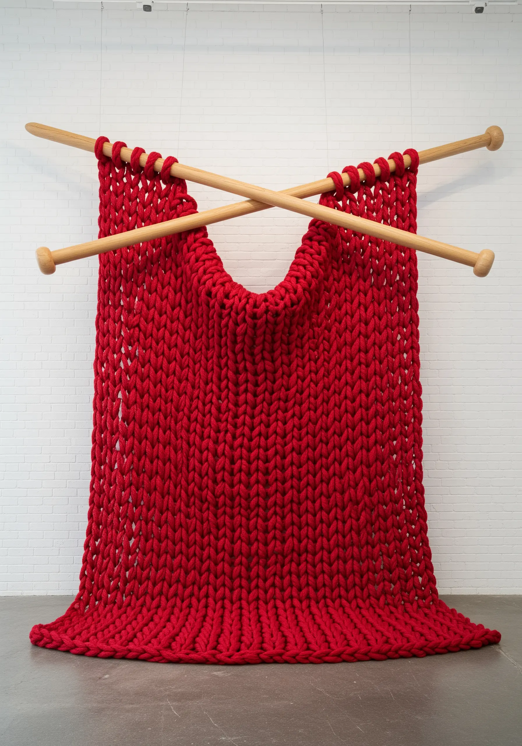 Giant red knitting project on oversized wooden needles