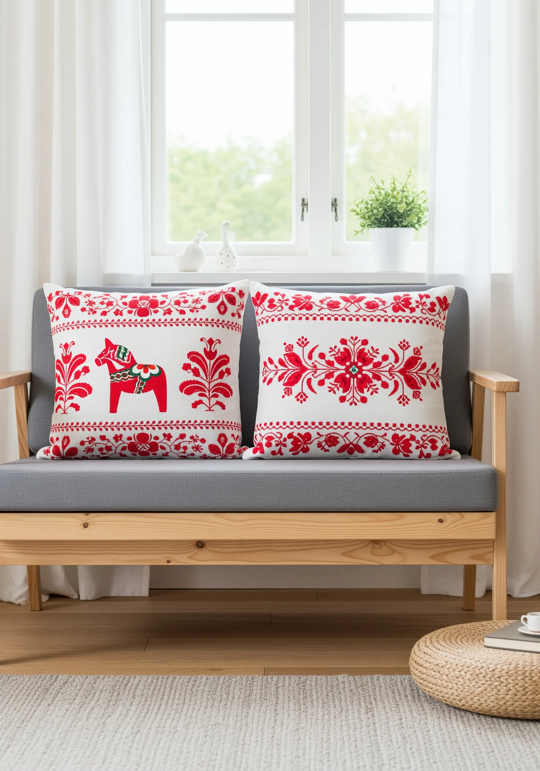 Two cushions with red and white Scandinavian folk art embroidery, including a Dala horse.