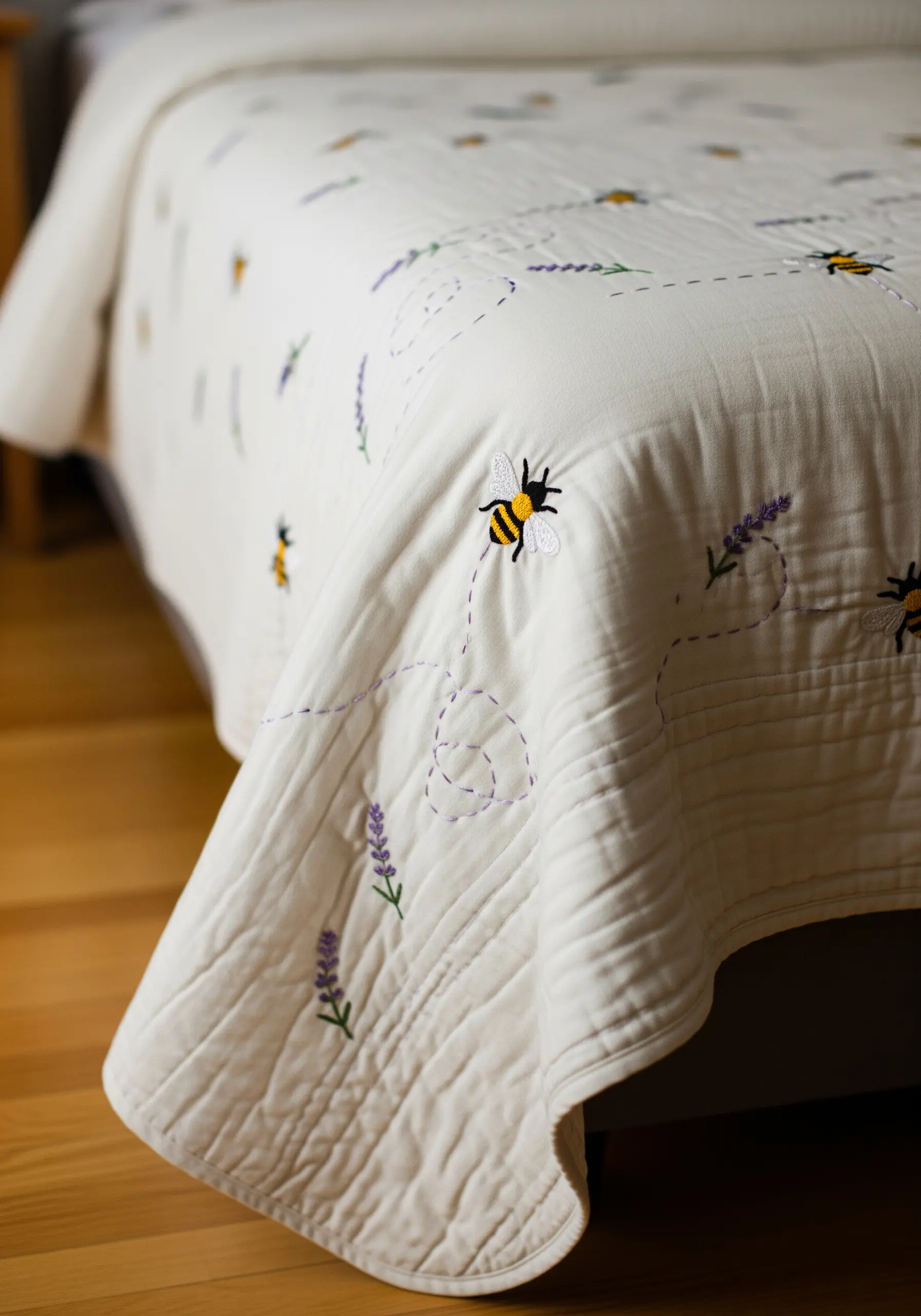 Corner of a white quilt embroidered with small bees, lavender sprigs, and dashed flight paths.