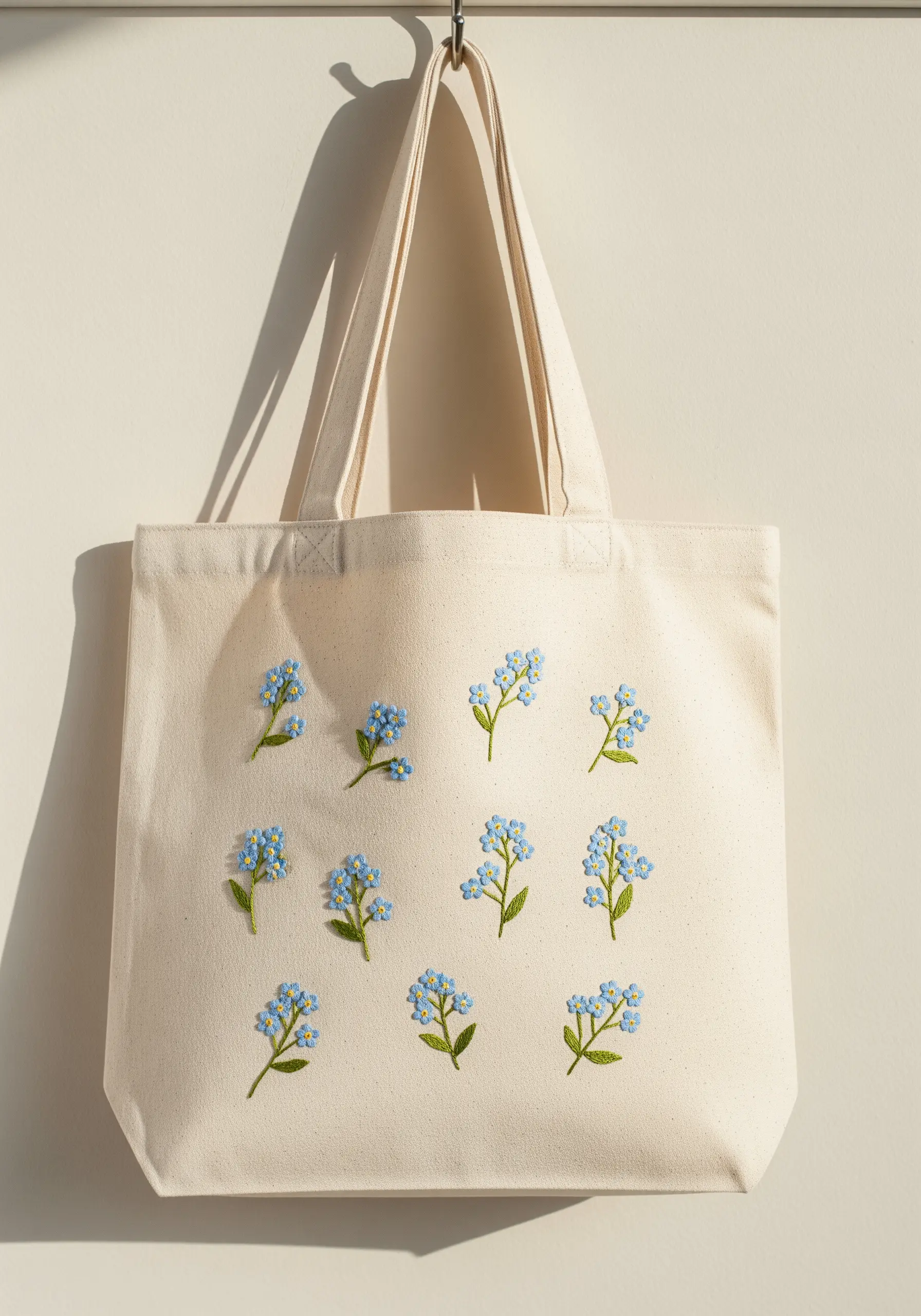 A canvas tote bag decorated with small, scattered clusters of embroidered forget-me-nots.
