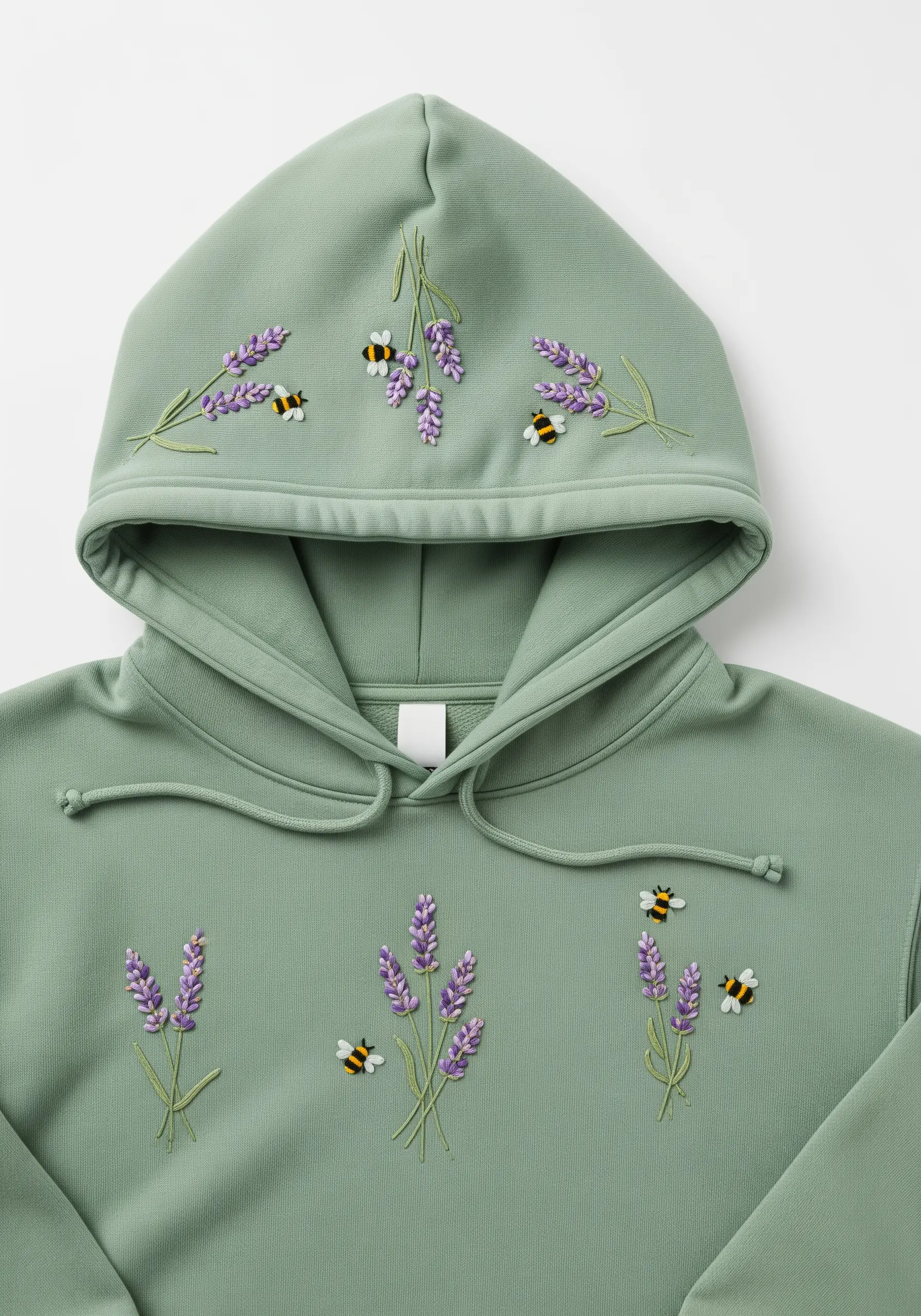 Delicate lavender sprigs and tiny bumblebees embroidered on a sage green hoodie.