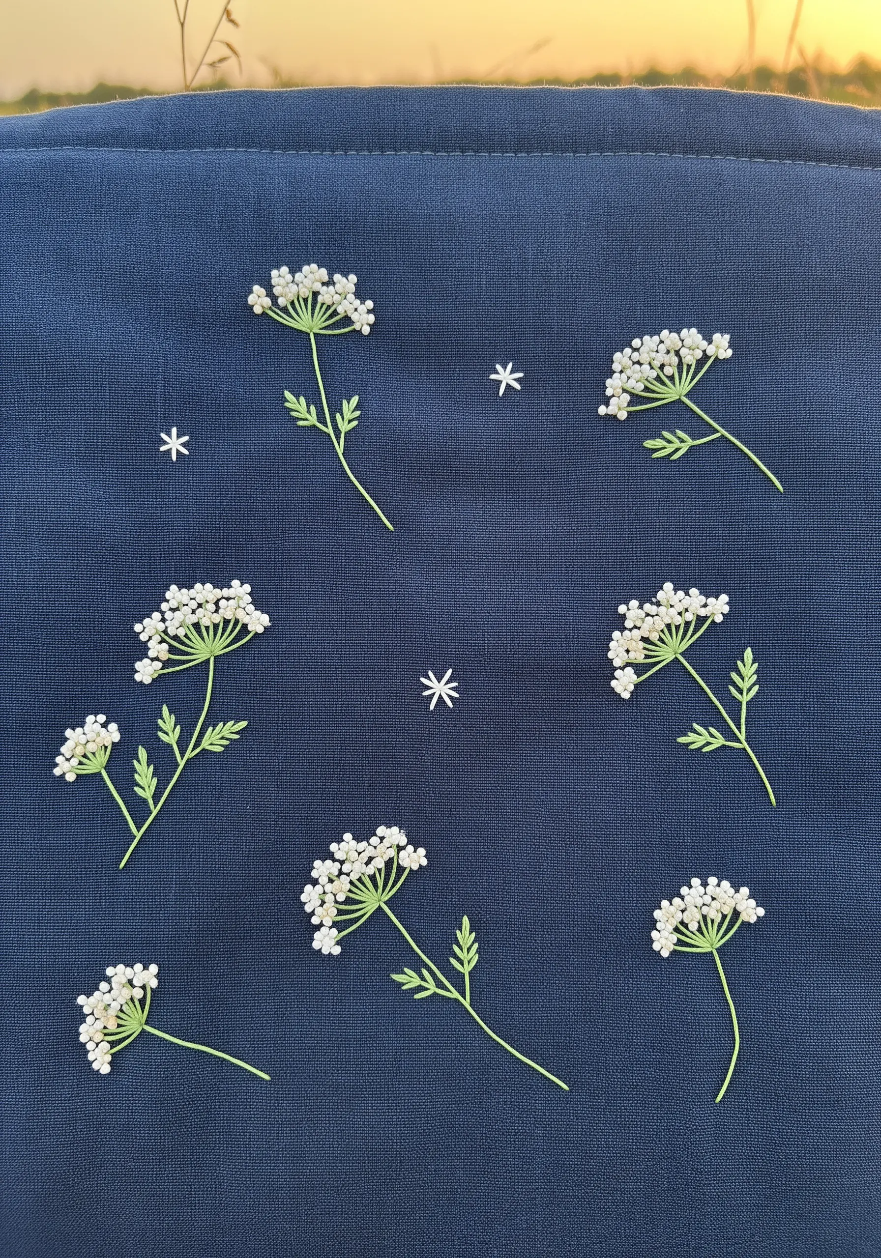 Delicate white Queen Anne's lace flowers embroidered on a dark blue linen fabric.
