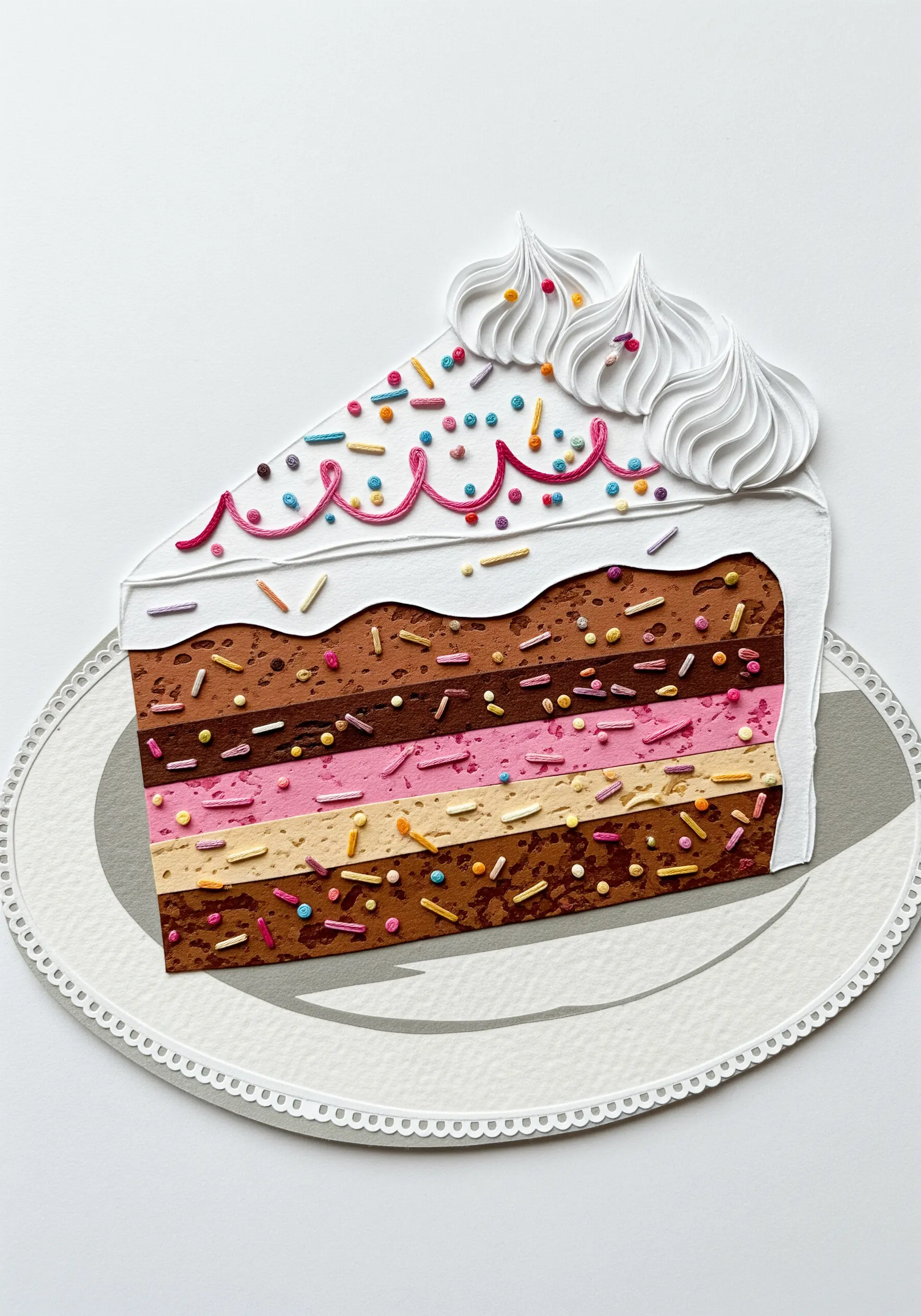 A paper collage of a slice of multi-layered cake with sprinkles and whipped cream.