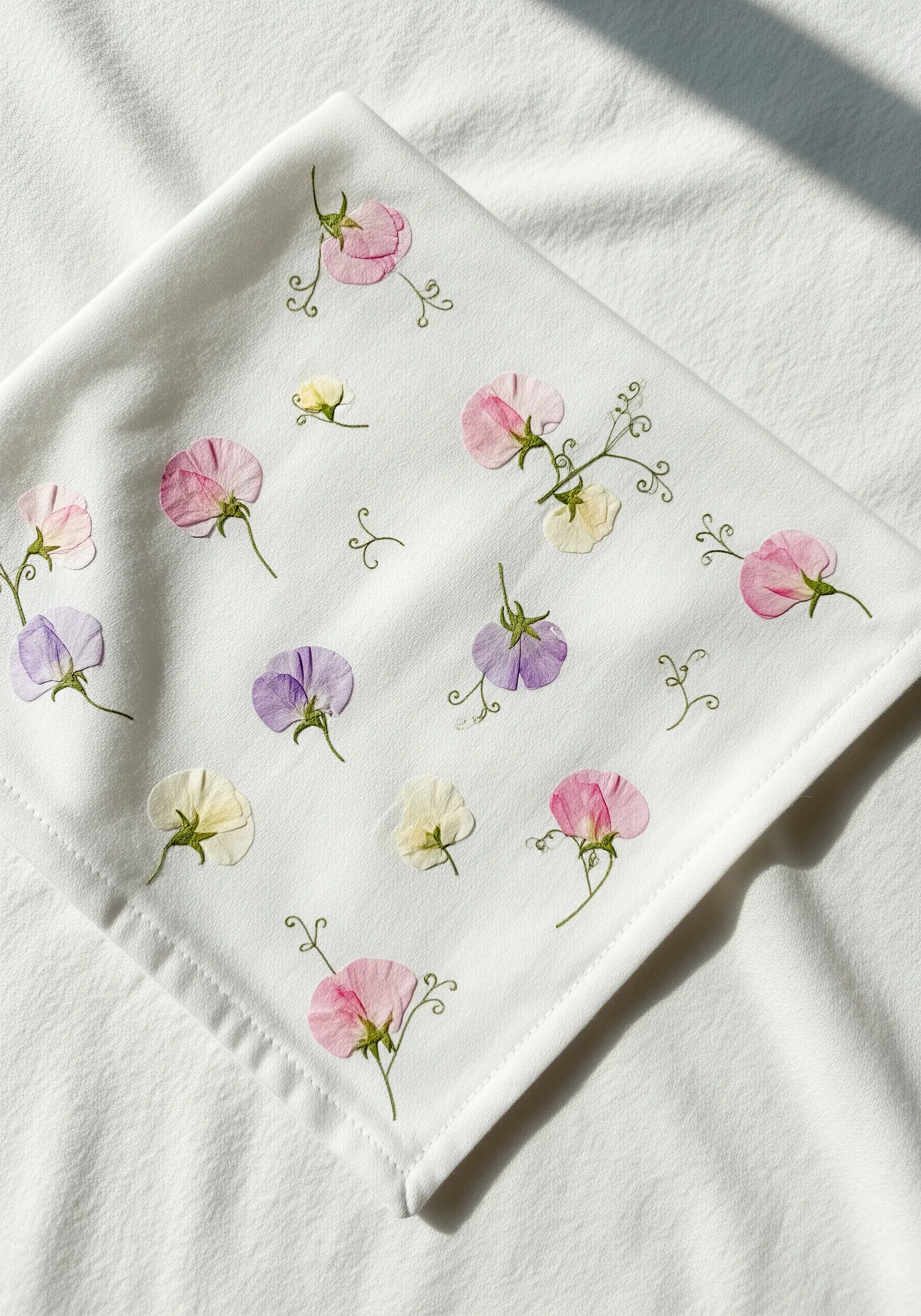 Real pressed sweet pea flowers scattered on white fabric with delicate embroidered green tendrils.