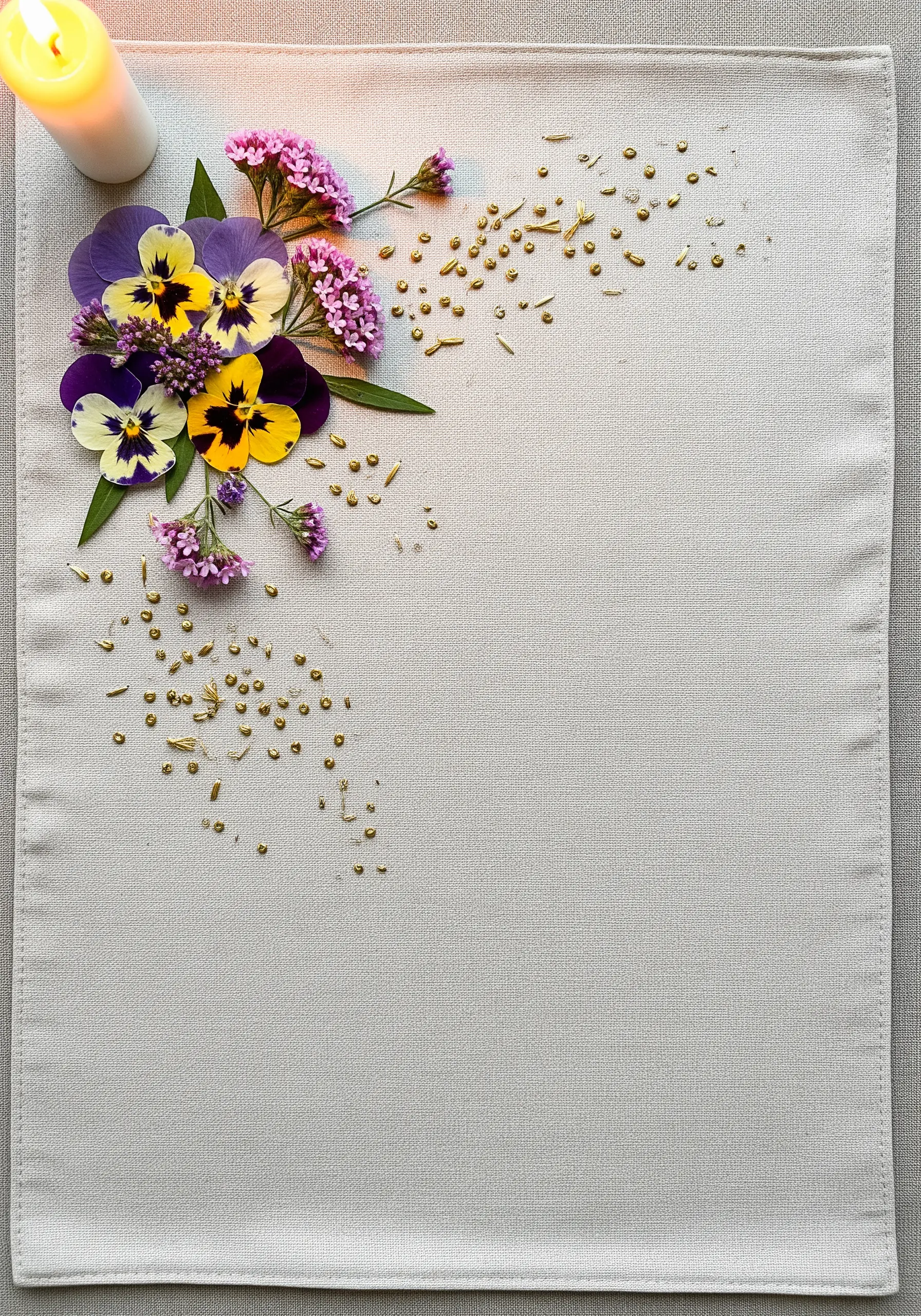 A cluster of pressed flowers on a table runner with scattered gold beads and stitches.