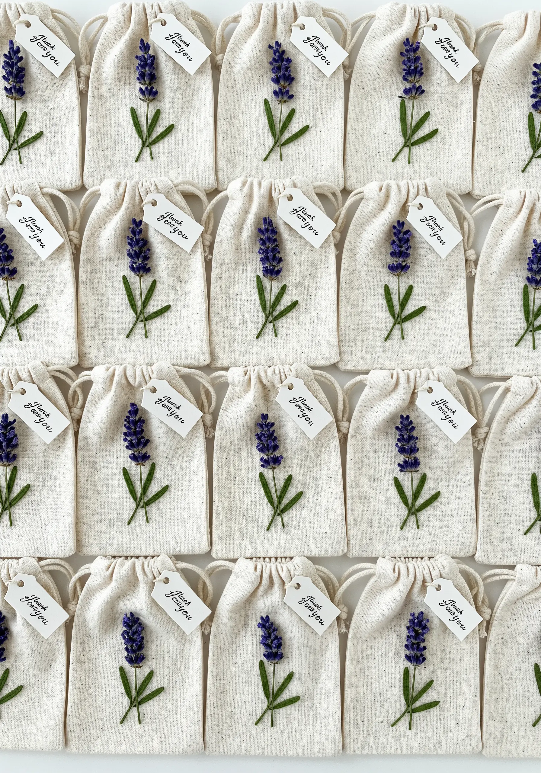 Rows of small muslin bags, each embroidered with a single sprig of lavender.