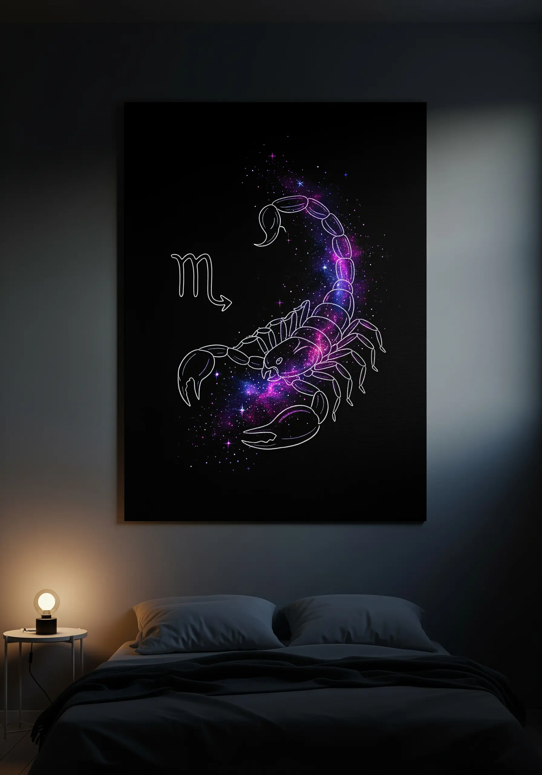 A scorpion outline embroidered in white over a painted purple and pink galaxy on black canvas.