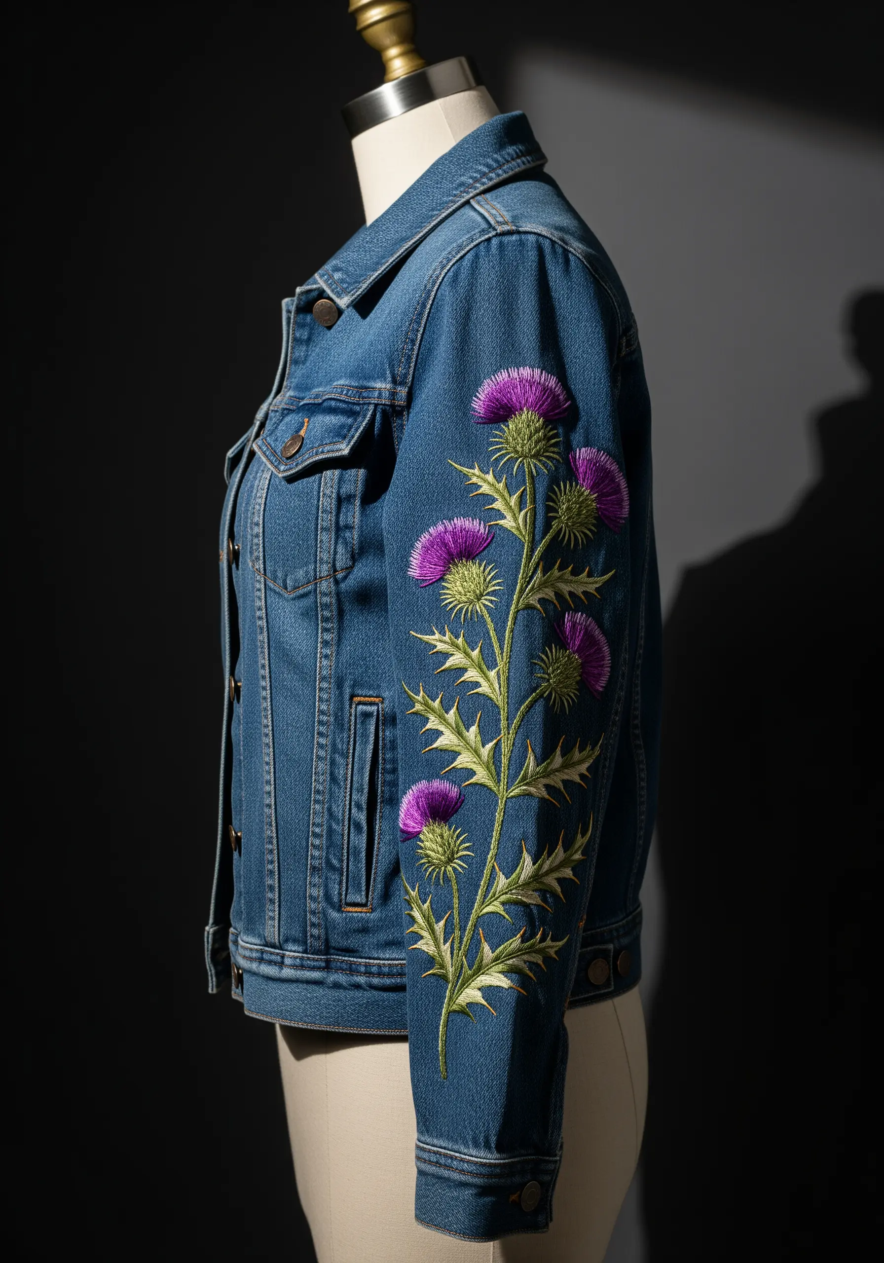 A large Scottish thistle with purple flowers embroidered up the sleeve of a jacket.