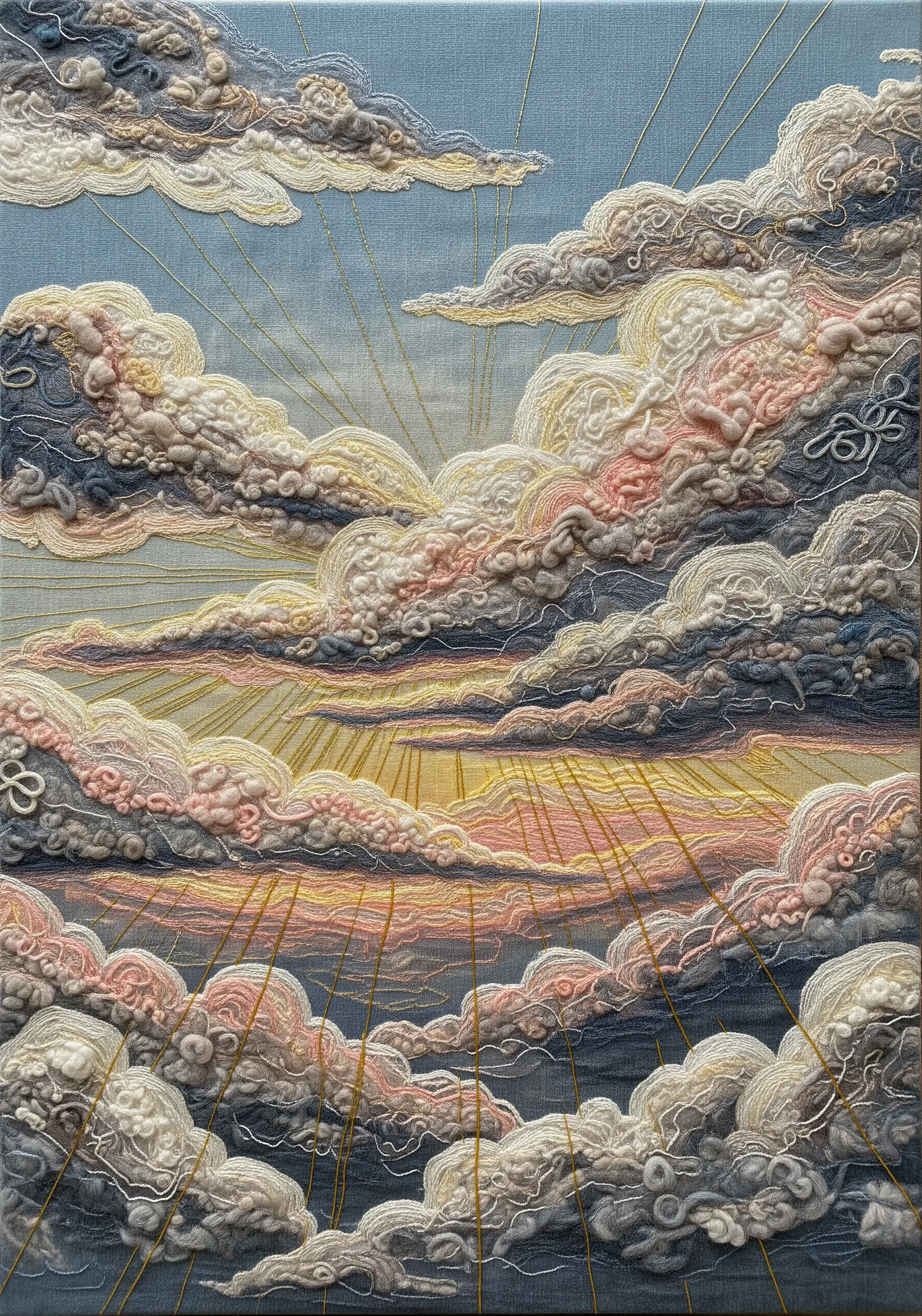Highly textured and dimensional embroidered clouds using Turkey work and French knots.