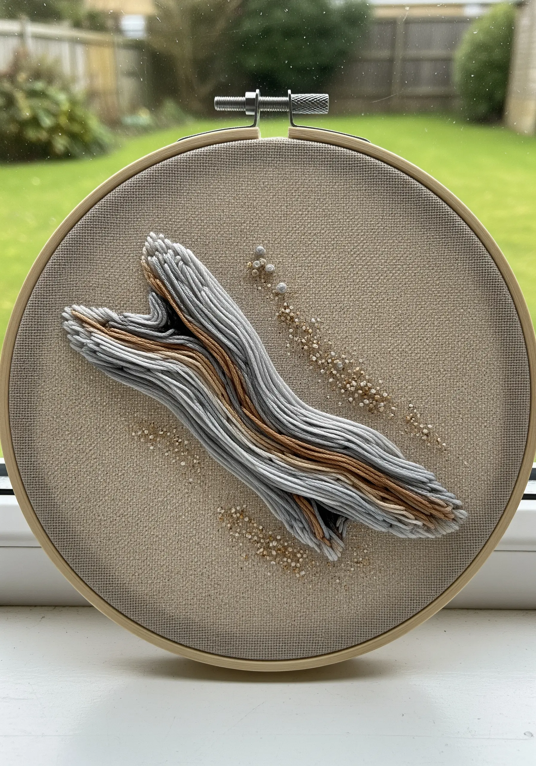3D embroidered driftwood using padded satin stitch in grey and tan tones, with bead accents.