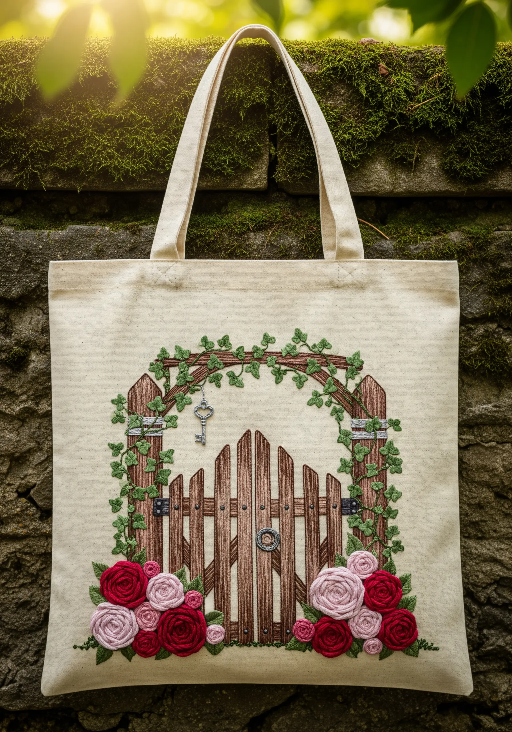 A garden gate scene with three-dimensional woven wheel roses and climbing ivy.