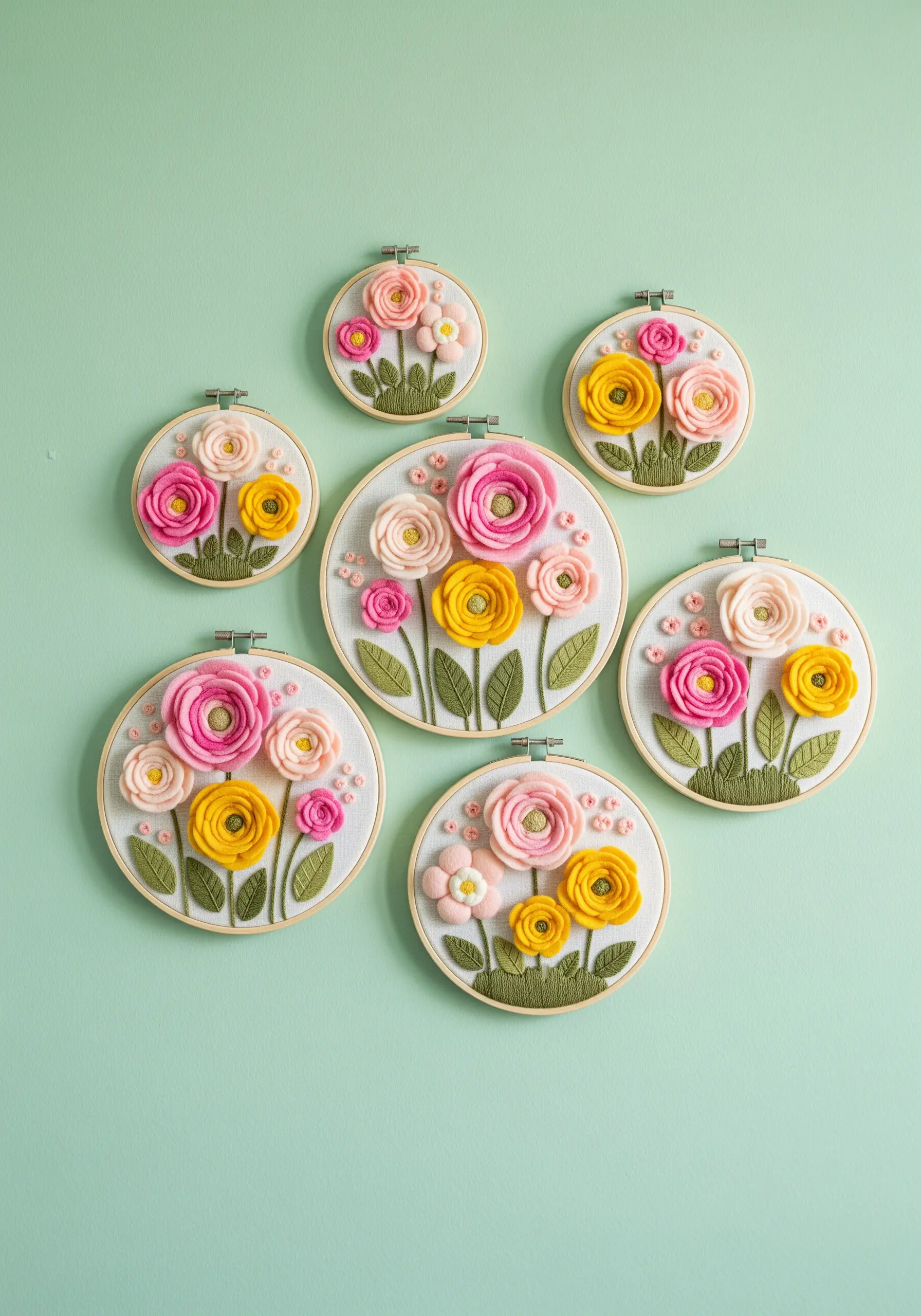 A collection of embroidery hoops decorated with vibrant, 3D rolled felt flowers.