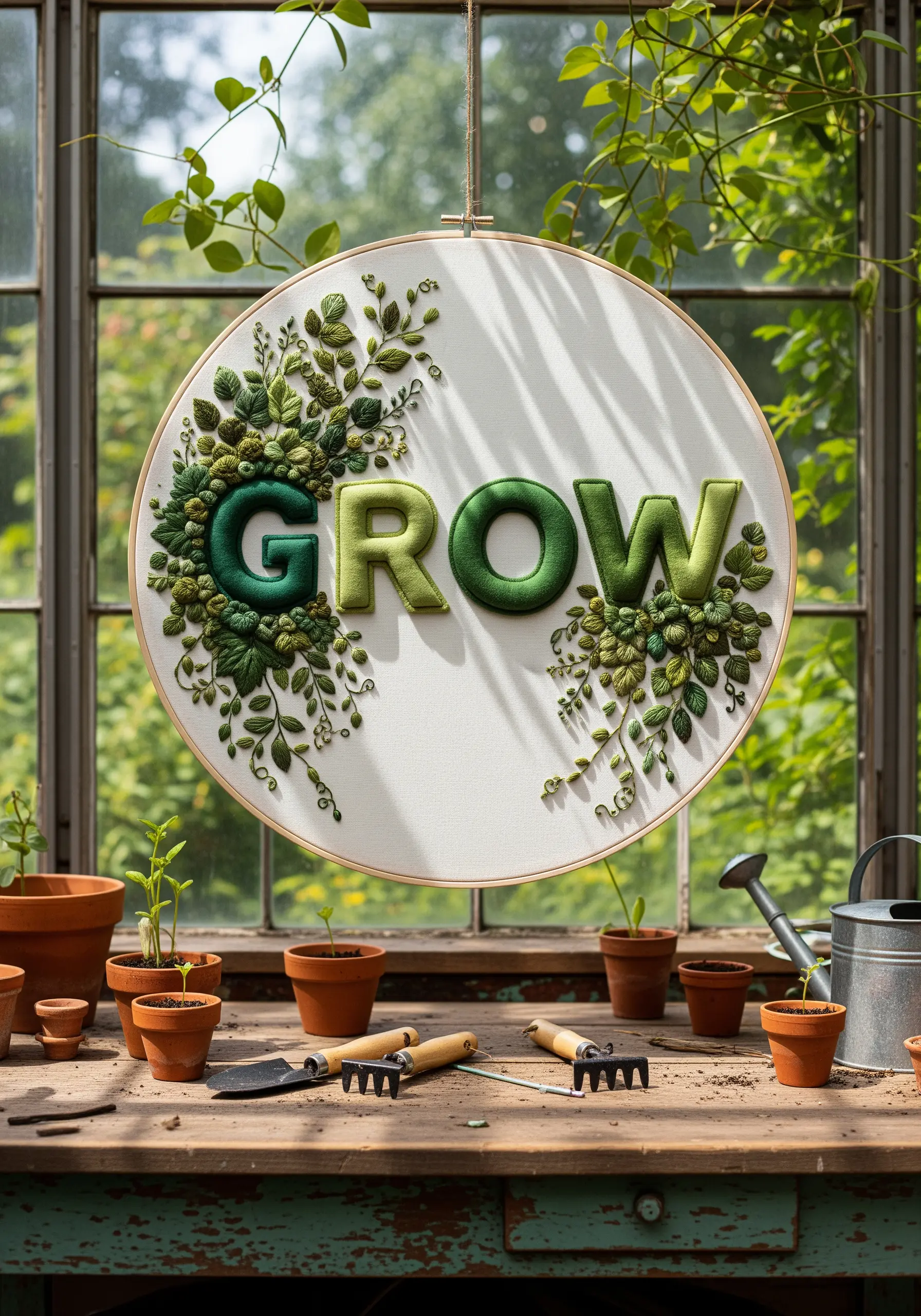 Green felt padded 3D letters surrounded by embroidered ivy