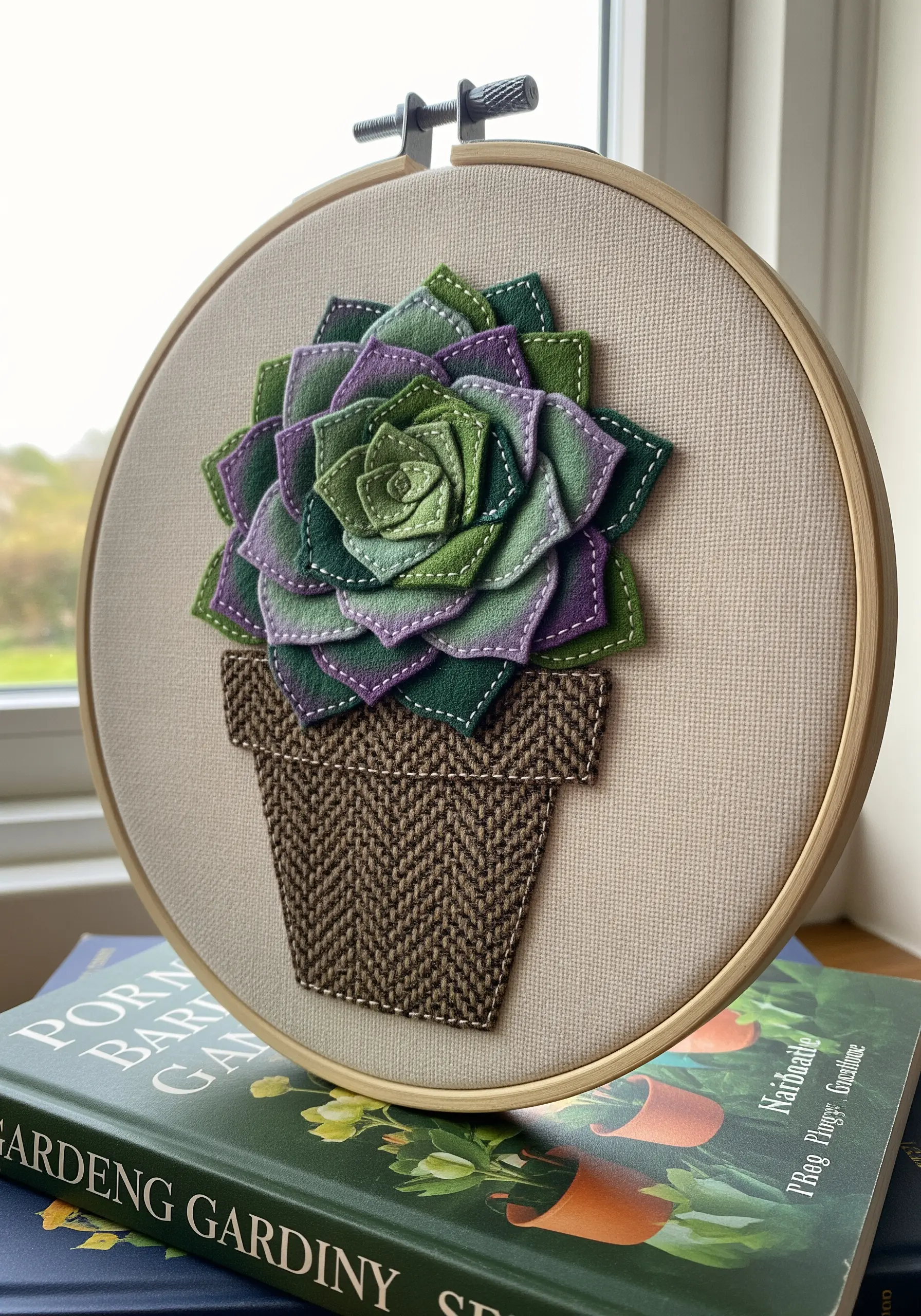 A 3D felt succulent in an embroidery hoop, made from layered green and purple felt petals.