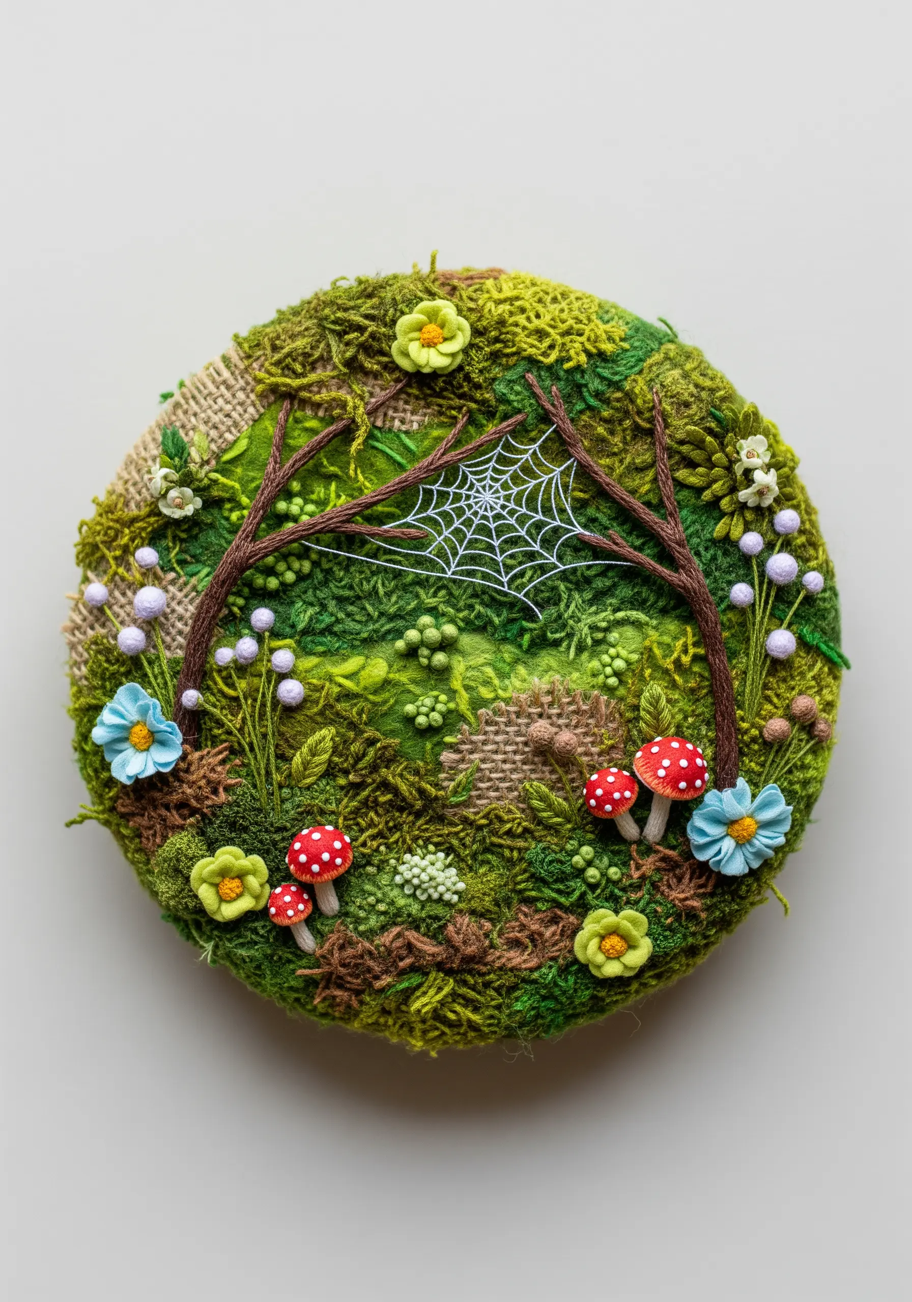 Highly textured 3D embroidery of a mossy forest floor with a spiderweb.