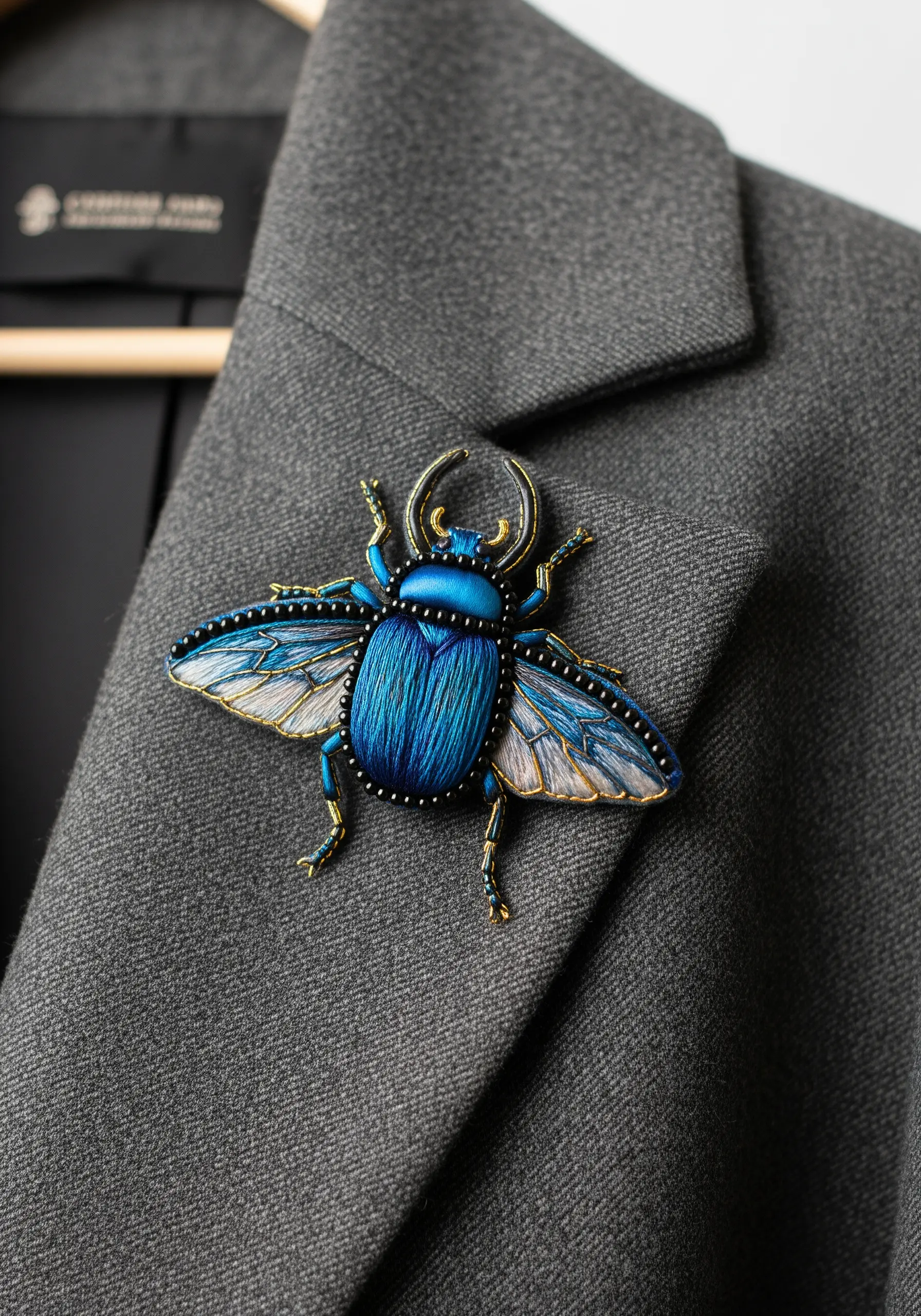 A hyper-realistic 3D embroidered blue beetle brooch pinned to a gray blazer.