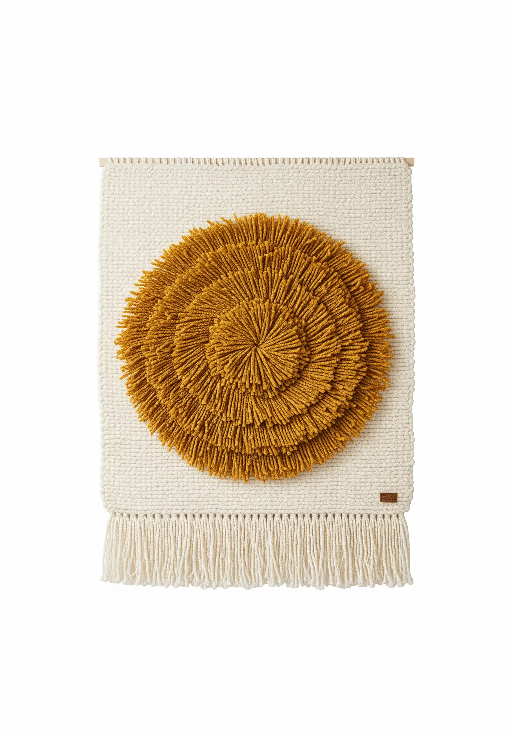 A woven wall hanging featuring a large, shaggy, golden-yellow floral motif made with rya knots.