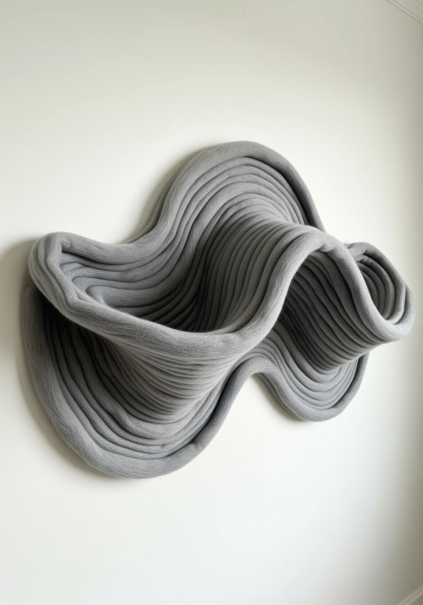 A 3D wall sculpture made of grey, ribbed textile, shaped into an organic, flowing wave.
