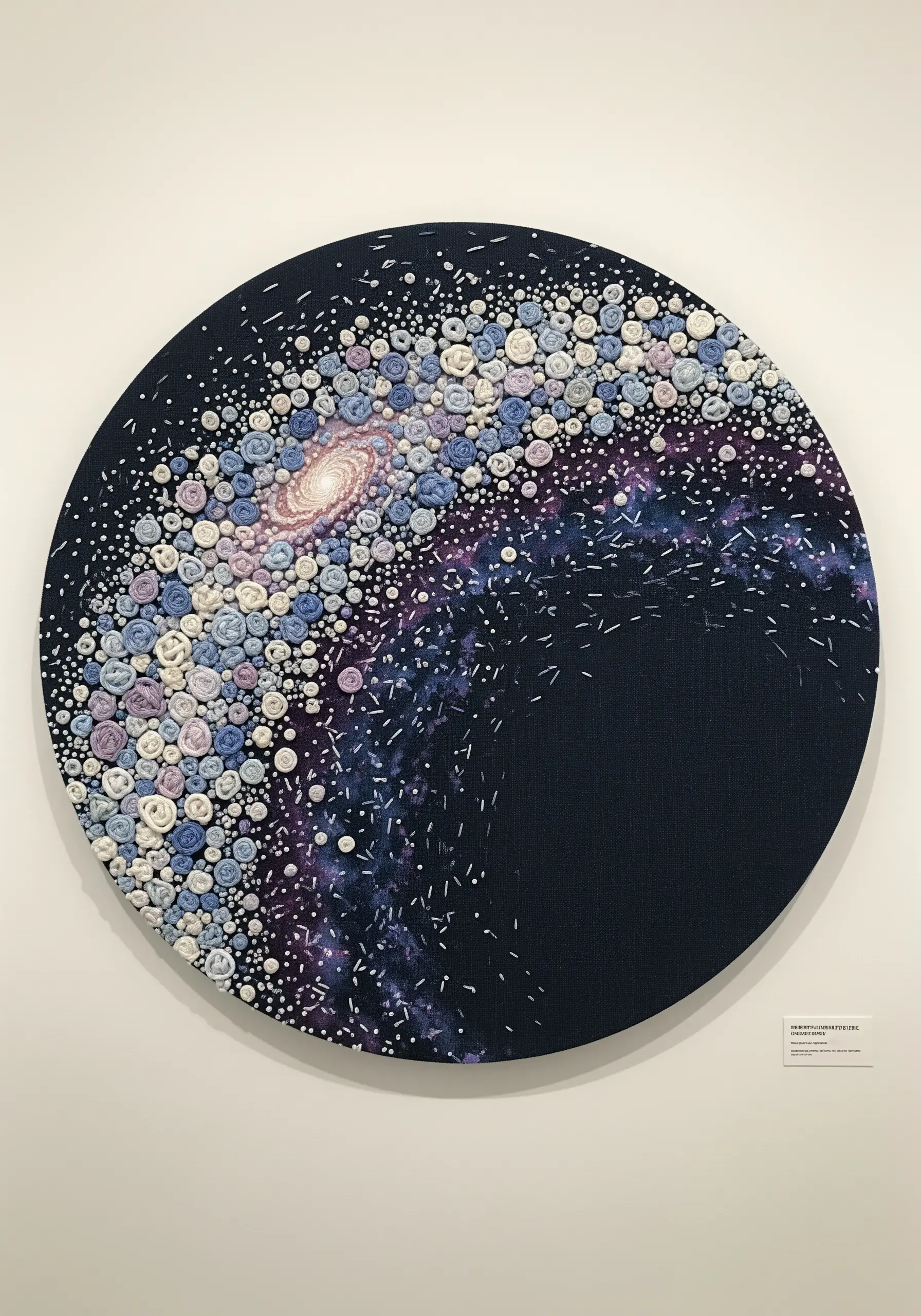 A large, round canvas with an embroidered galaxy made of textured blue and white woven wheel stitches.
