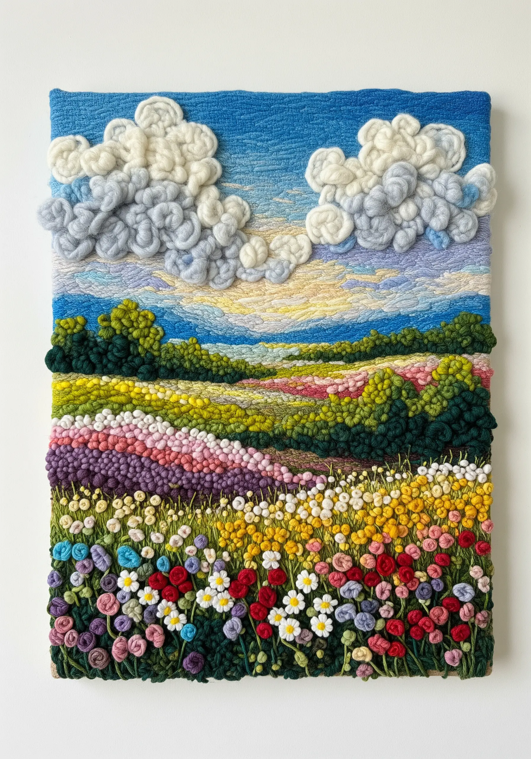 A vibrant embroidered landscape with fluffy wool clouds, and fields of colorful French knots and bullion stitches.