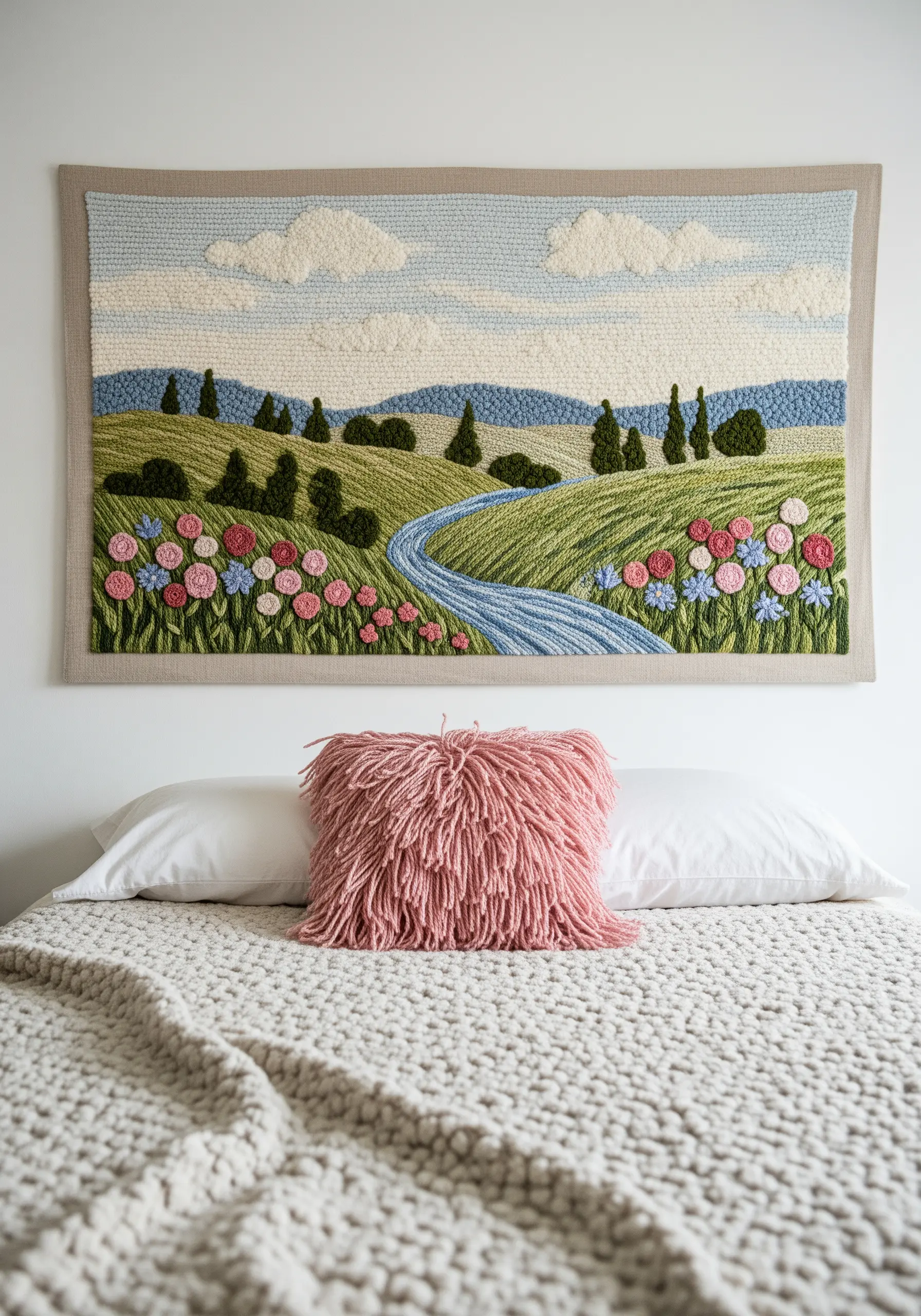 A punch needle tapestry of a rolling green landscape with a river and flower fields.