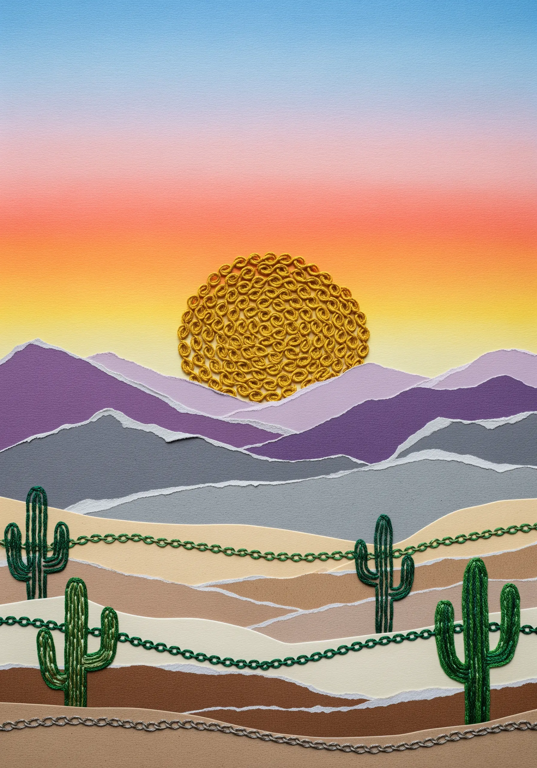 A desert landscape made of torn paper with a sun of textured yellow knots and chain stitch cacti.