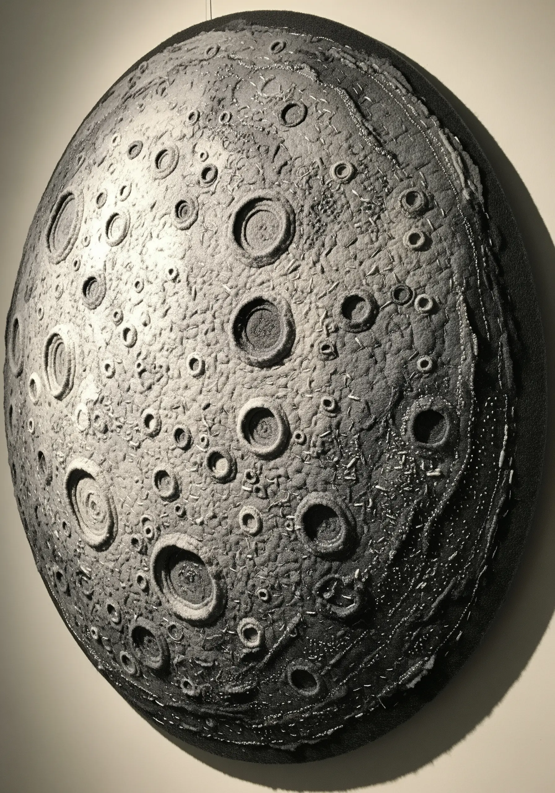 A sculptural embroidery of the moon's surface, with raised craters and textured grey stitching.