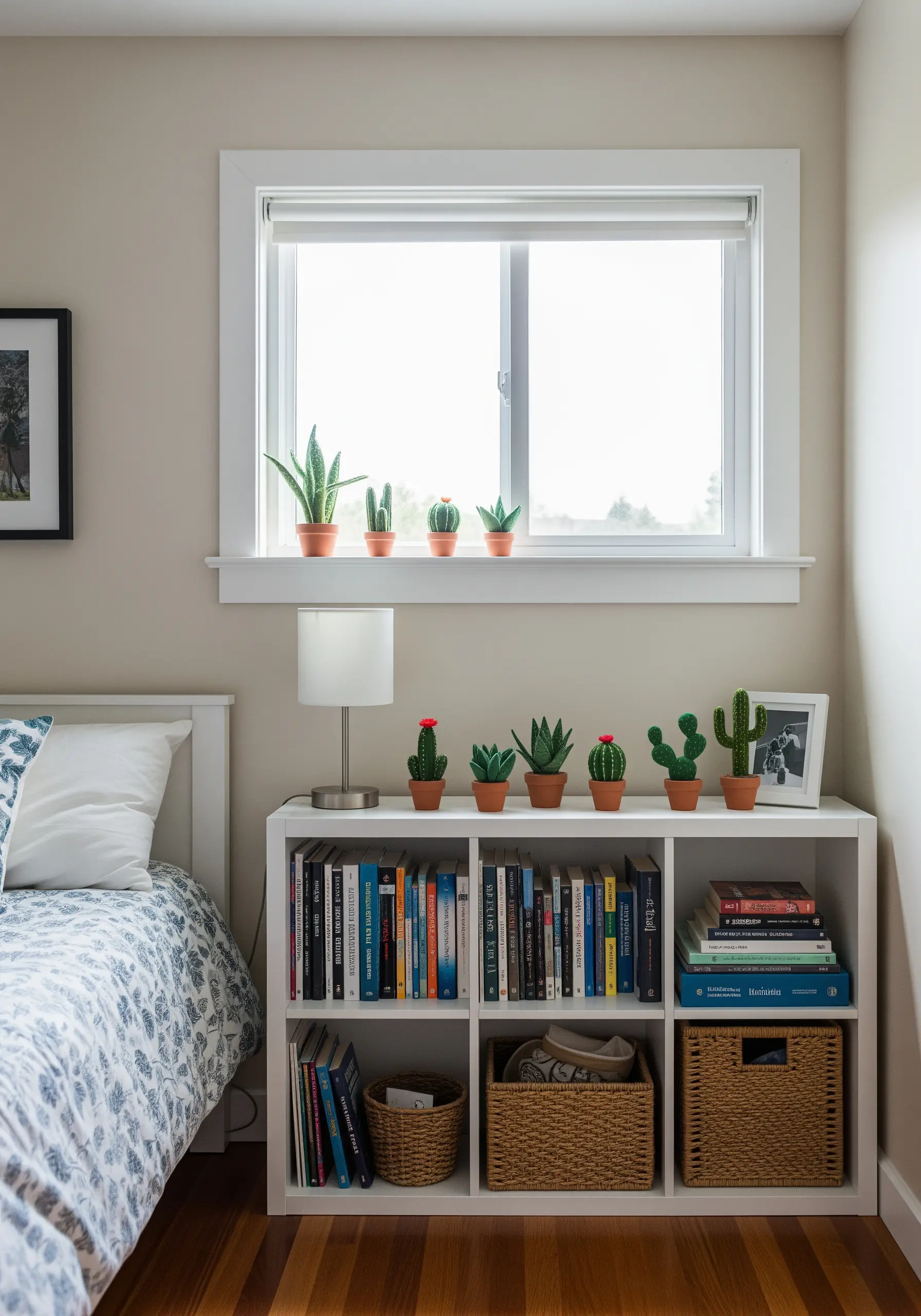 A collection of small, 3D embroidered cacti and succulents in tiny terracotta pots on a white shelf.