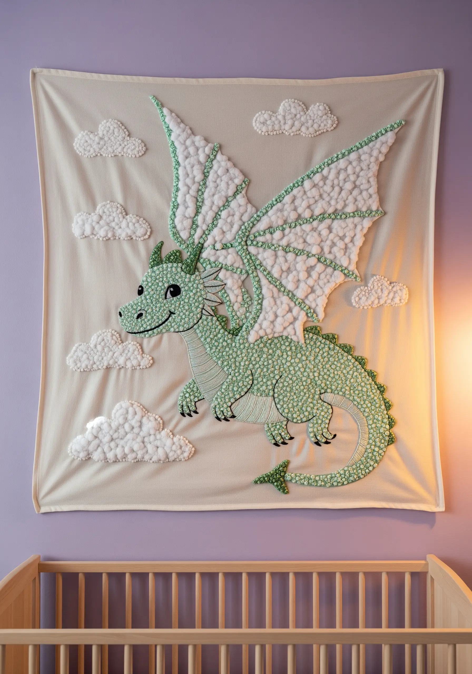 Large embroidered dragon wall hanging with textured scales made from French knots.