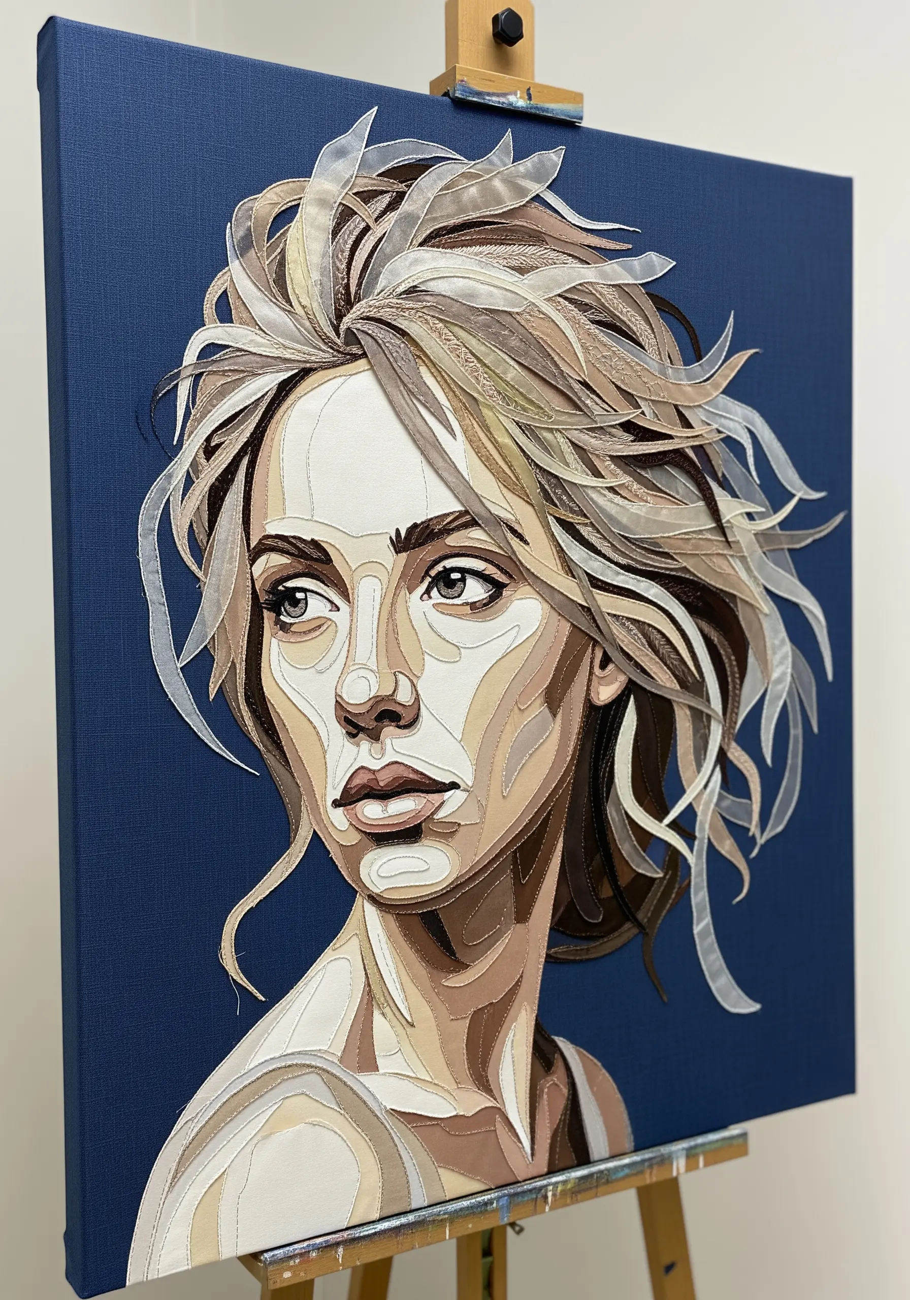 A detailed portrait of a woman created by layering precisely cut fabric pieces in neutral tones.